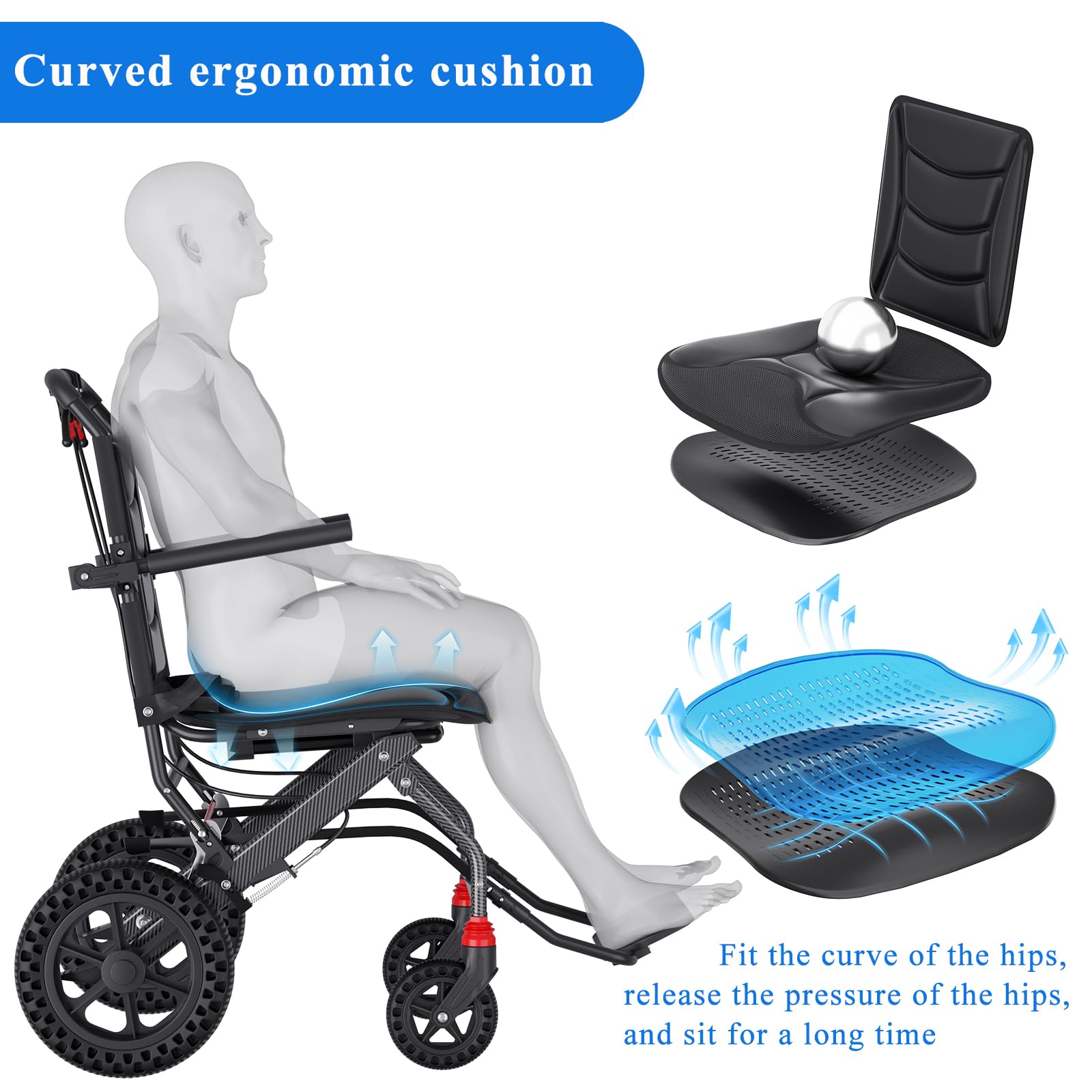 Hopelight (Asiento de 18" de ancho) Silla de ruedas de transporte ergonómica y liviana para personas mayores y adultos, sillas de ruedas de viaje de tránsito plegables y portátiles para todo terreno