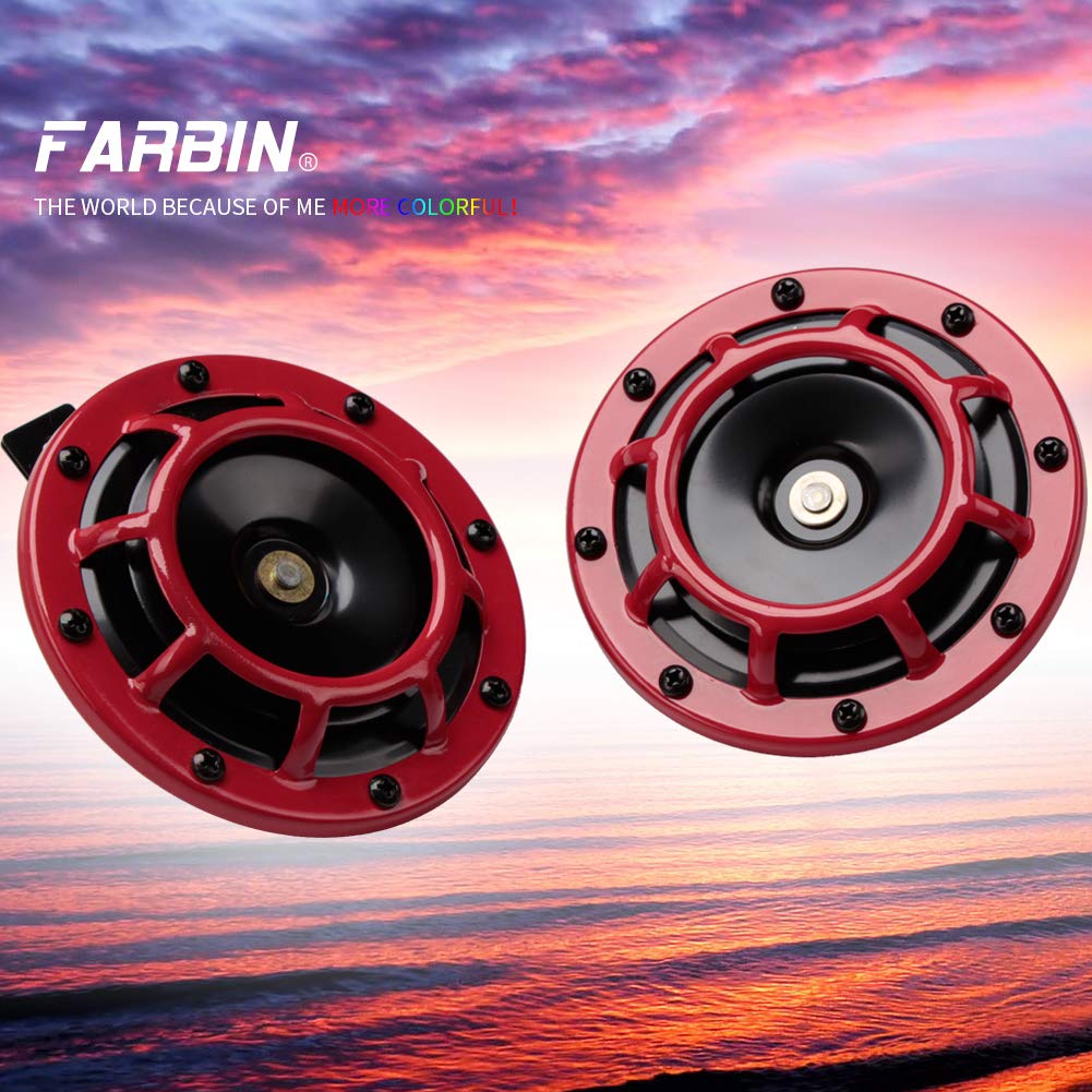 FARBIN - Bocina de coche de 12 V, súper tono, bocinas de motocicleta de tono alto/tono bajo, con parrilla protectora (rojo)