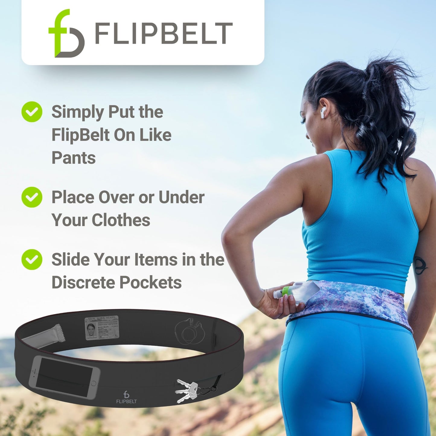 Cinturón Clásico FlipBelt Carbono XXL para Correr y Llevar Teléfono y Accesorios para Mujer y Hombre