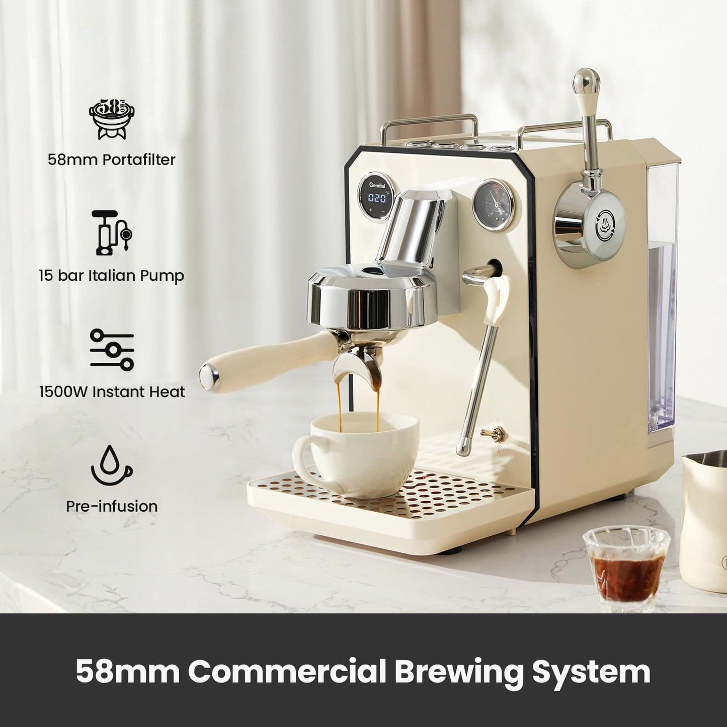Máquina de café espresso Owl, máquina de café espresso semiautomática profesional de 15 barras con espuma de leche, tanque de agua extraíble de 64 onzas, doble visualización, para capuchino, latte en