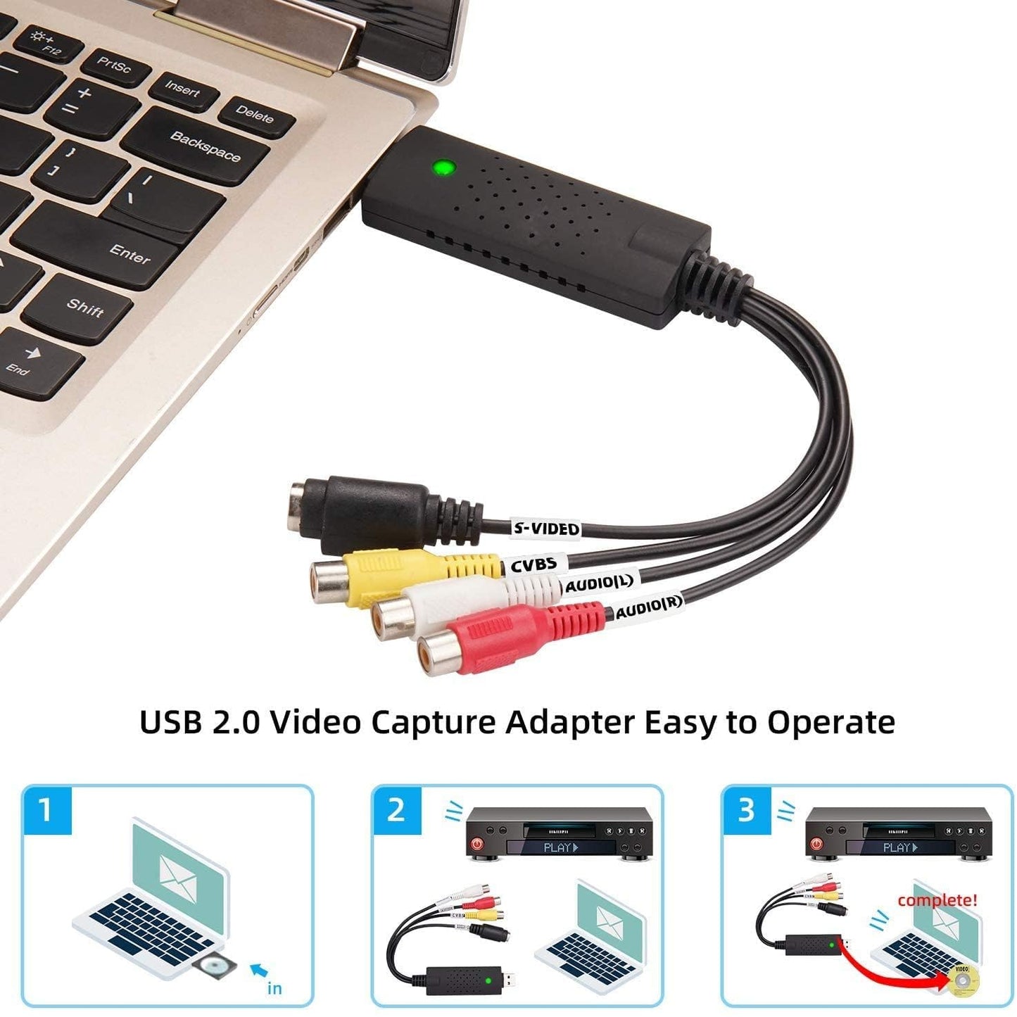 CARYWON Capturadora de Video USB 2.0 Captura de Video y Audio con Cable de Transferencia USB 2.0, VHS VCR Convertidor de TV a DVD Compatible con Mac, Windows 2000/10/8/7, Vista/XP/Android