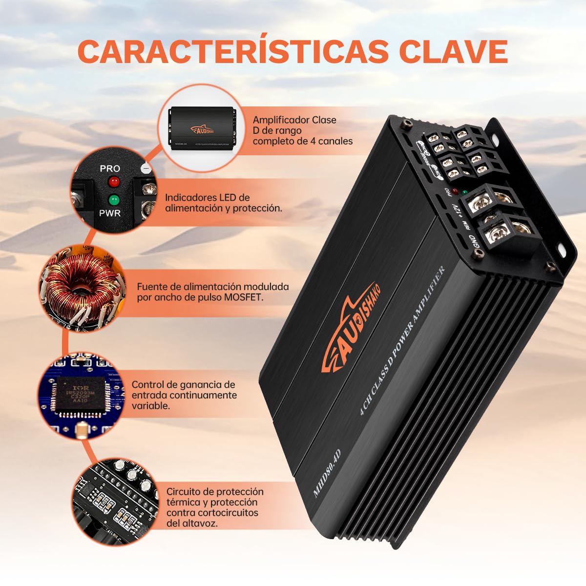 AUDISHAKO 1200W Amplificador de Audio de 4 Canales,Amplificador para Auto de Clase D, 2 Ohm 160W x 4 Canales para Motocicletas, Coches Deportivos y Otros Sistemas de Audio para Coche