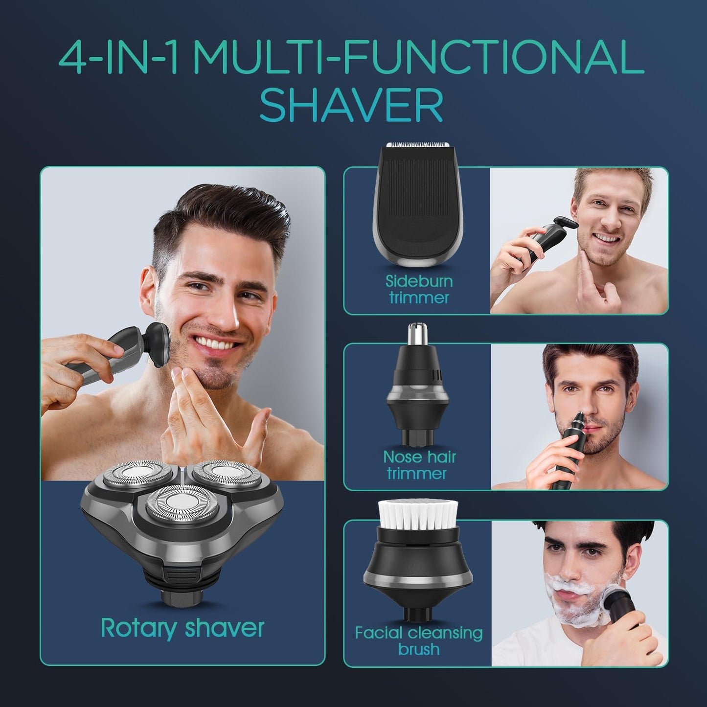 VOYOR - Maquinilla de afeitar eléctrica recargable para hombre, rotatoria 3D para hombre, máquina de afeitar 4 en 1, kit de afeitado para nariz, pantalla LCD húmeda y seca y bloqueo de viaje, TX410