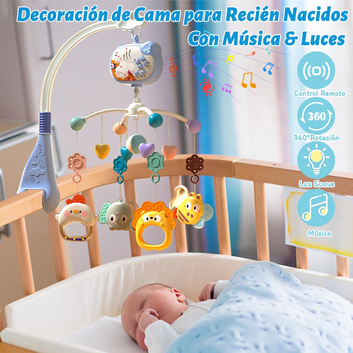 FHZLAJ Móvil para Cuna de Bebé, Móvil de Cama Decoración Infantil con Música Luz Nocturna Rotación 360°Control Remoto Proyección de Estrellas, Juguetes Colgantes Giratorios Regalo para Recién Nacidos