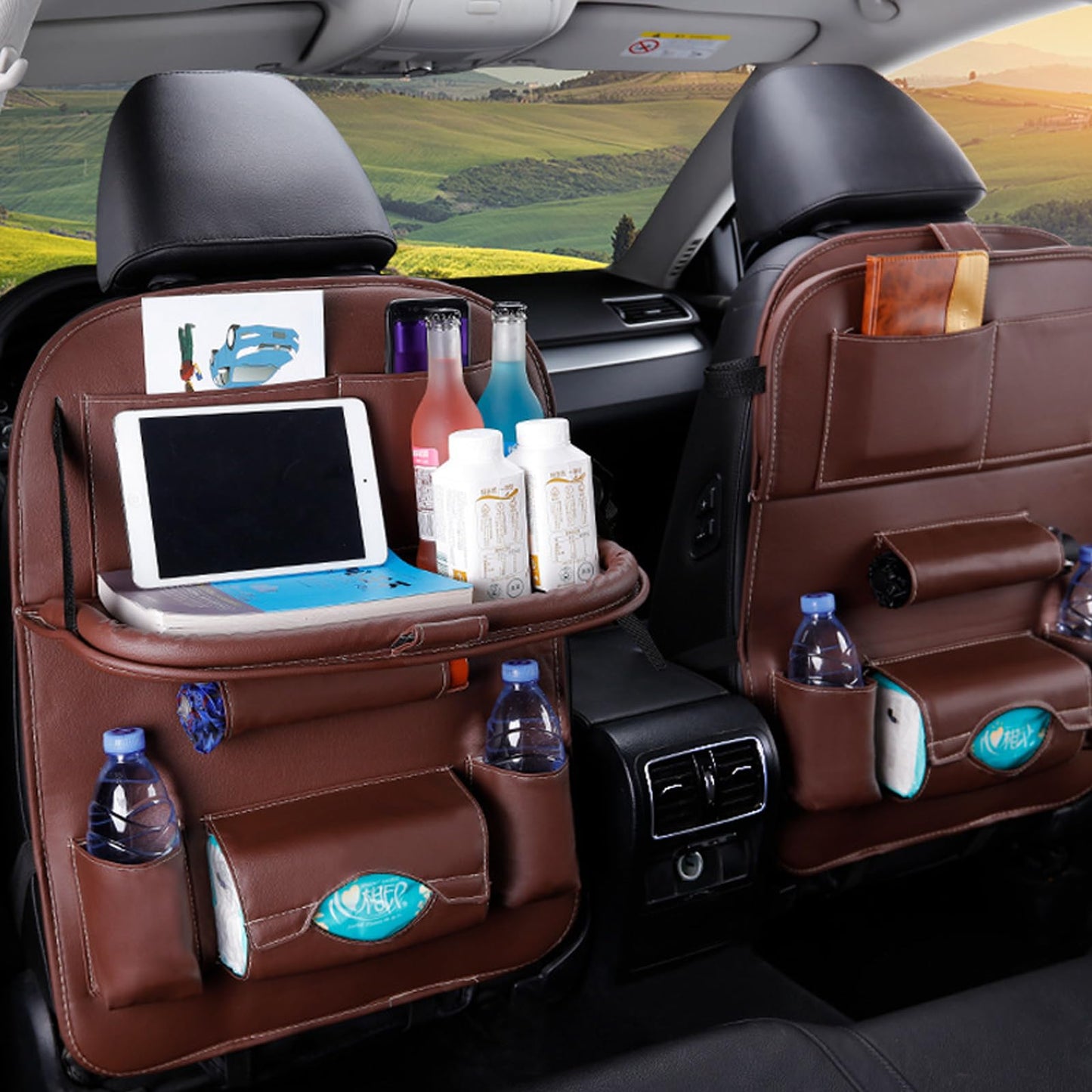 Organizador de Asiento Trasero, Piel Sintética Protectores de Respaldo Asiento para Auto con 7 Compartimentos, Comedor Mesa Plegable con Soporte, Espacio para Tableta (Marrón)