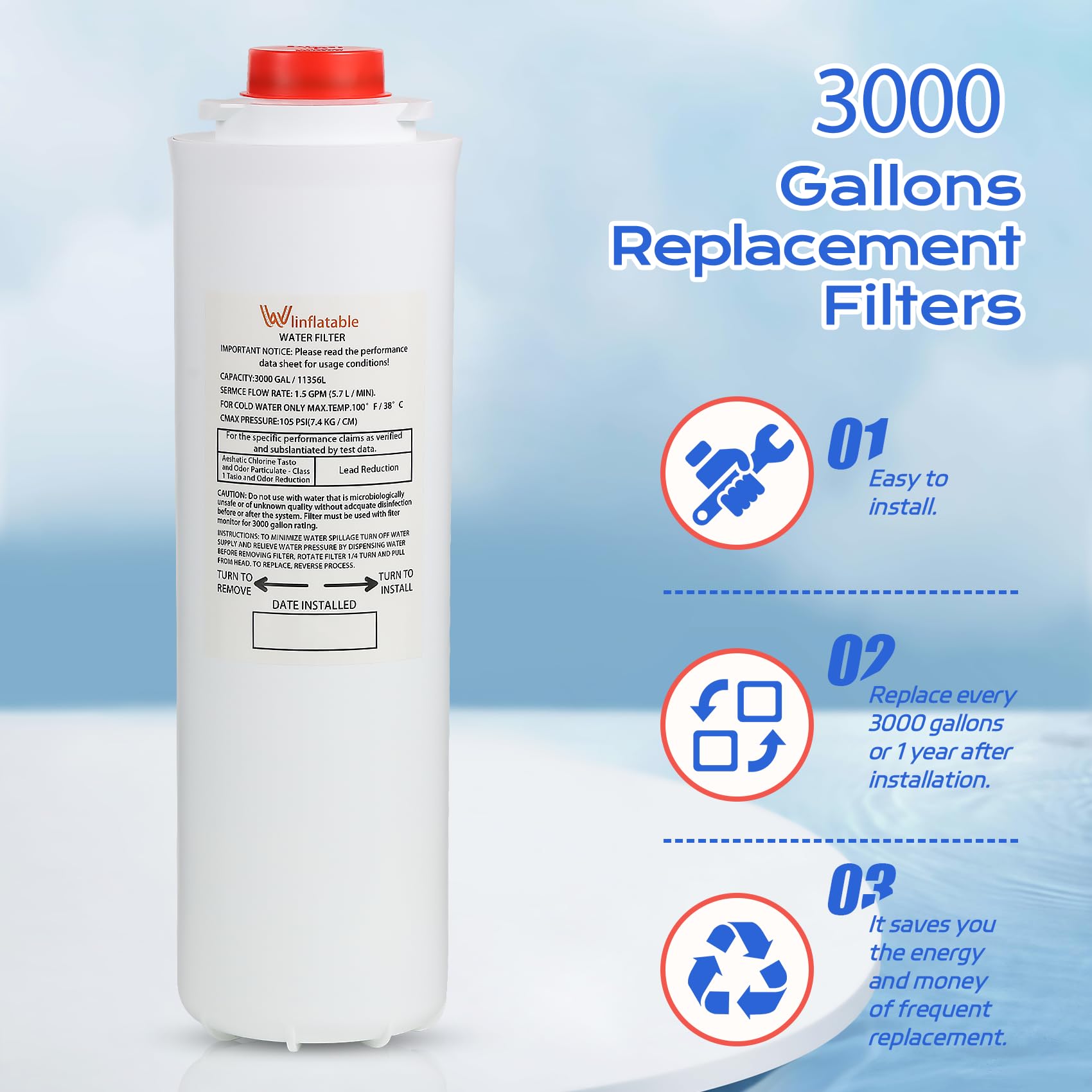 Filtros 51300C, repuesto para filtro Elkay 51300C EWF3000, compatible con estaciones de botellas de repuesto de filtro Ezh2o, filtro 51300C de alta capacidad, 3000 galones, sin chip (3 piezas)