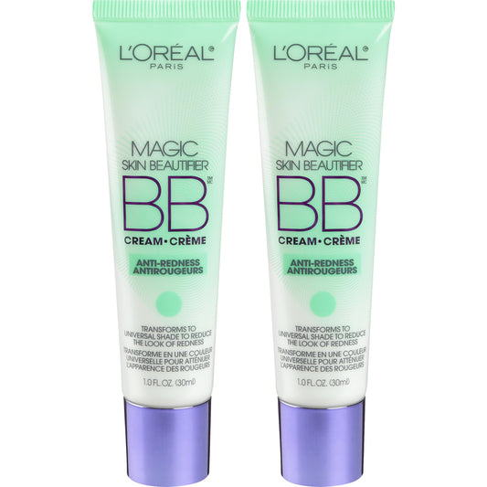 L'Oréal Paris - Maquillaje facial Makeup Magic Skin Beautifier BB Cream, humectante teñido, antirenrojecimiento, verde, paquete de 2
