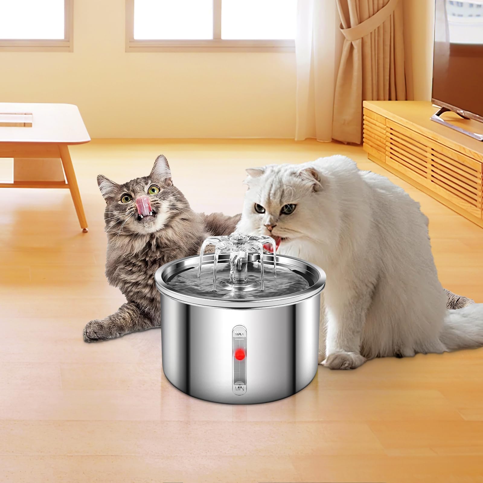 Fuente de agua para gato, Bebedero para gato de acero inoxidable 304, 5 filtros para fuente de gatos, bebedero para perro y gato para de 2L,Súper silenciosa,Mantén limpia el agua potable de tu mascota