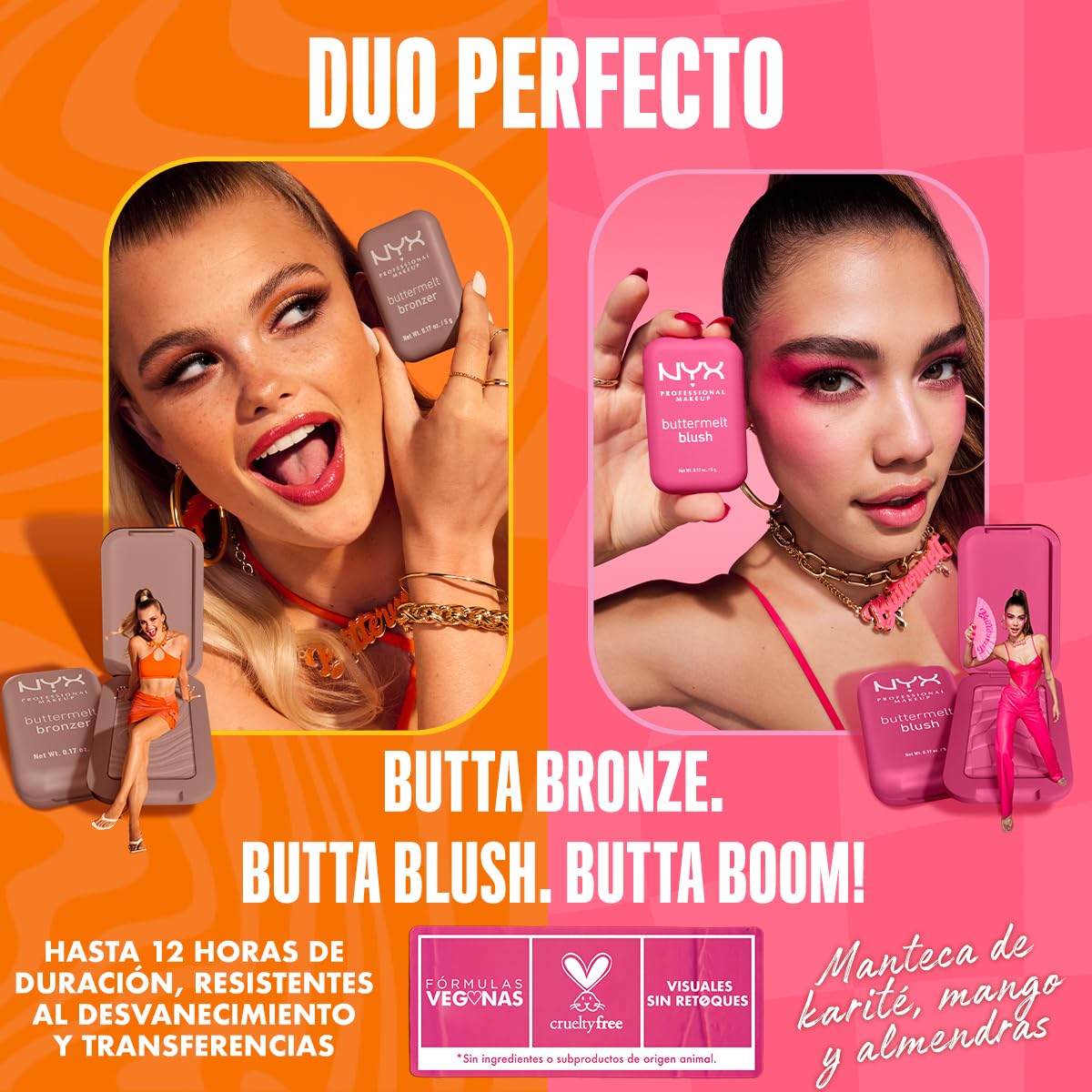 NYX Professional Makeup, Buttermelt Blush, Tono: Butta Together (rosa claro). Rubor cremoso en polvo infusionado con manteca de karité, mango y almendras, hasta 12hrs de uso, no se desvanece, resistente a transferencias. Fórmula vegana.