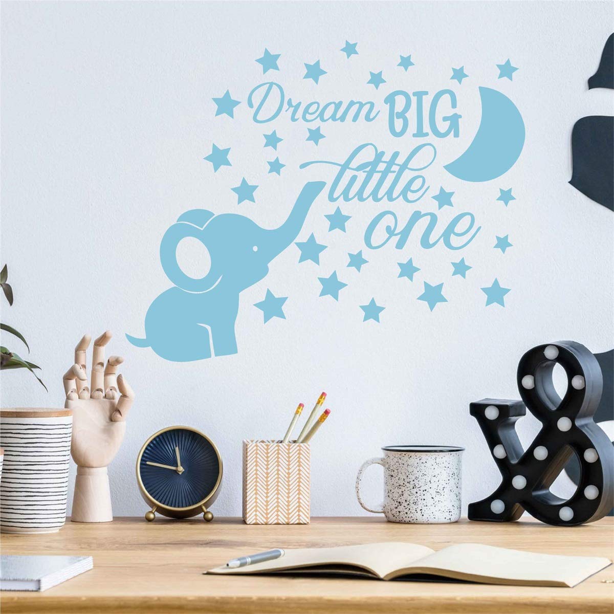 Dream Big Little One - Pegatinas decorativas para pared, diseño de elefante y luna con estrellas, color azul