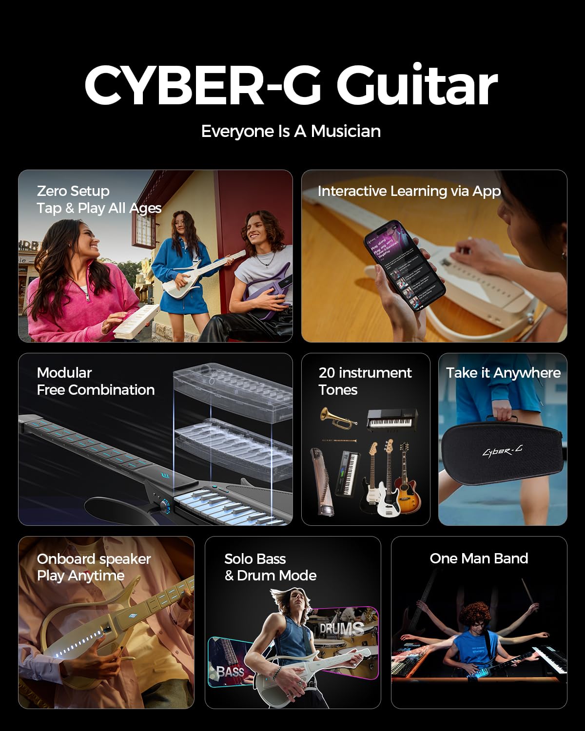 Cyber-G by Enya - Guitarra de respaldo inteligente sin cuerdas, generador de acordes, máquina de tambor integrada y línea de bajo, 20 sonidos de instrumentos incluyendo guitarra eléctrica, guitarra