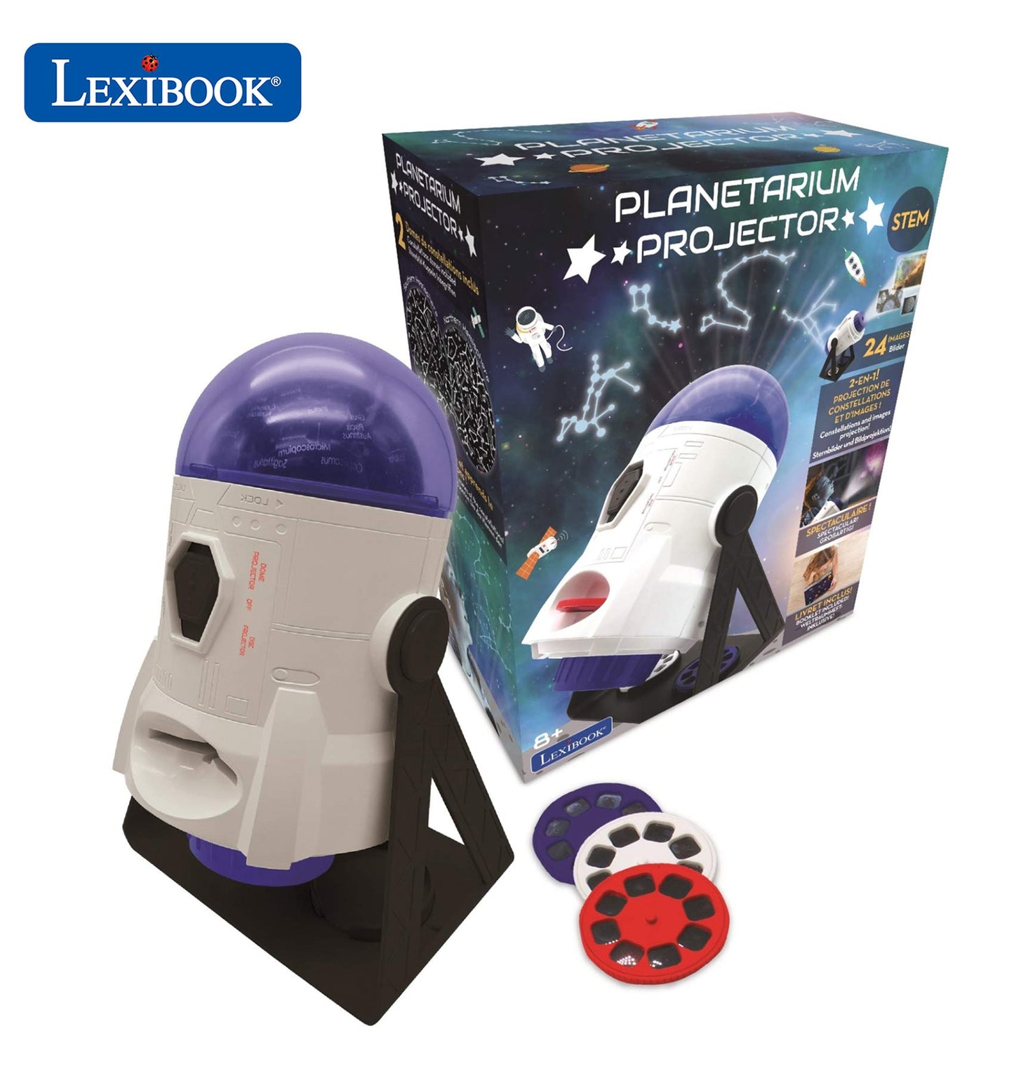 LEXiBOOK, Proyector de planetario de Constelaciones e imágenes 2 en 1, 24 imágenes para Descubrir el Espacio, 2 cúpulas de constelación, Stem, Blanco/Azul, NLJ180US
