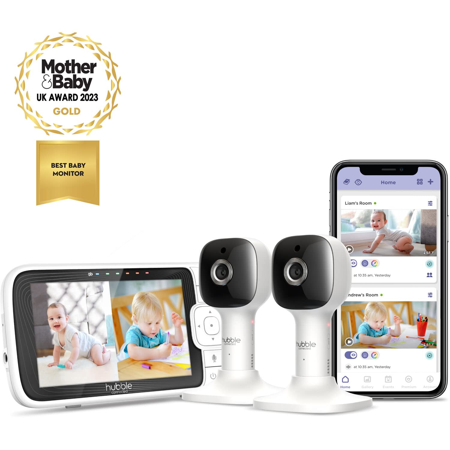 Hubble Connected Nursery PAL Cloud Individual Smart Wi-Fi habilitado para bebé Monitor con Visor de Unidad Principal de Color HD de 5 Pulgadas, 2 Unidades de cámara, Sonidos calmantes precargados,