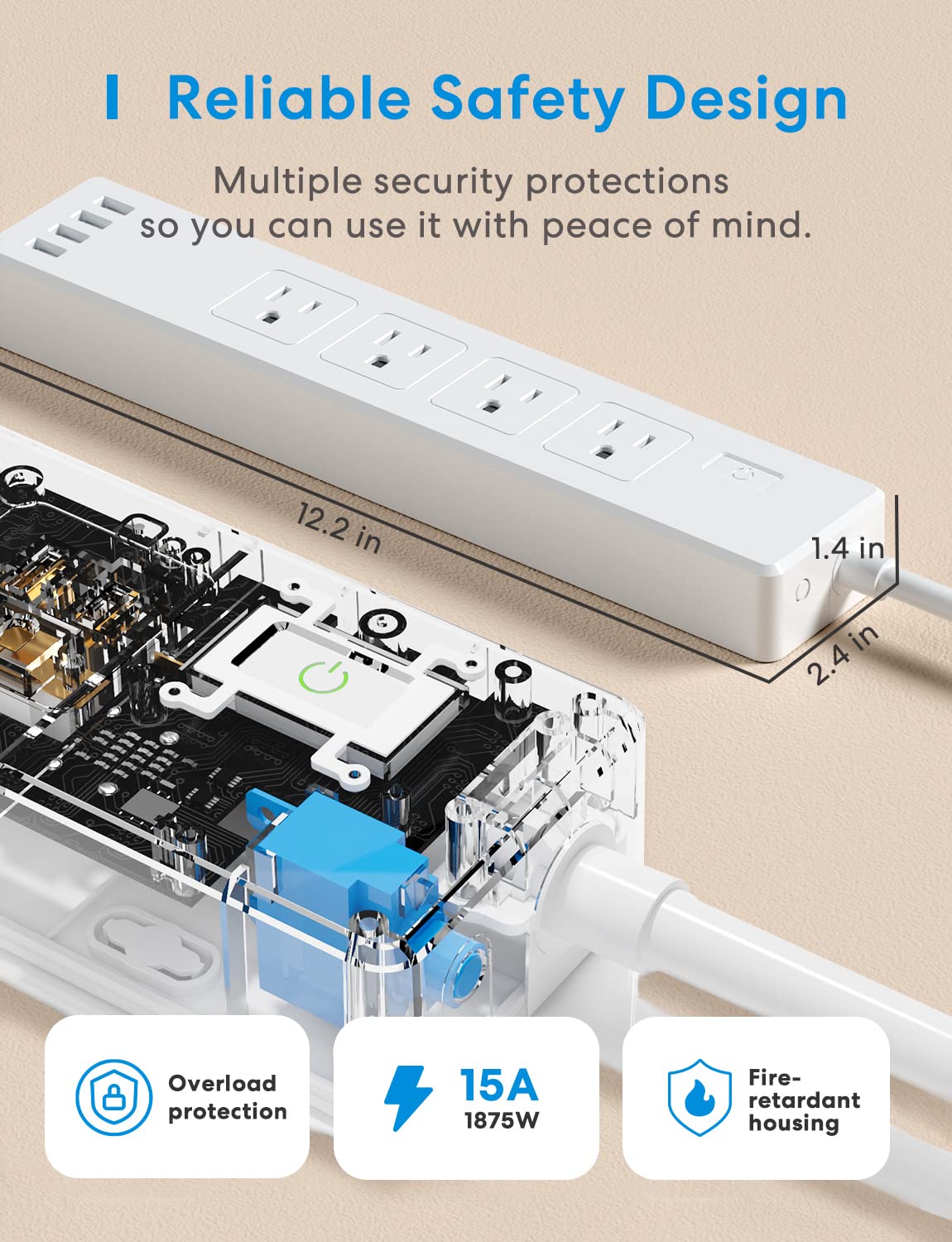 meross Tira de alimentación inteligente compatible con Apple HomeKit, Siri, Alexa, Google Home y SmartThings, protector de sobretensión WiFi con 4 salidas de CA, 4 puertos USB y cable de extensión de 6 pies, control de voz y control remoto