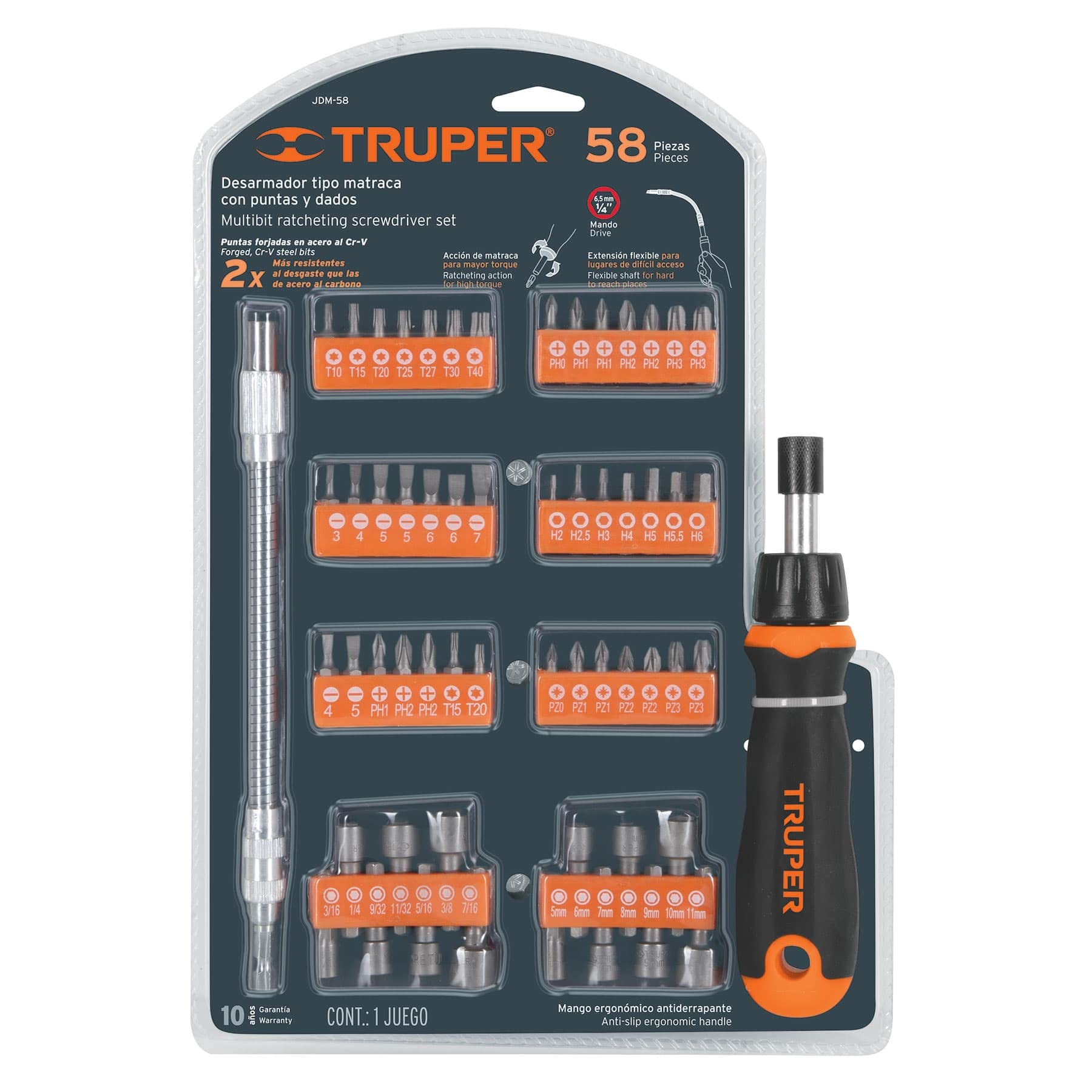 Desarmador Tipo Matraca Truper Naranja con 42 Puntas y 14 Dados