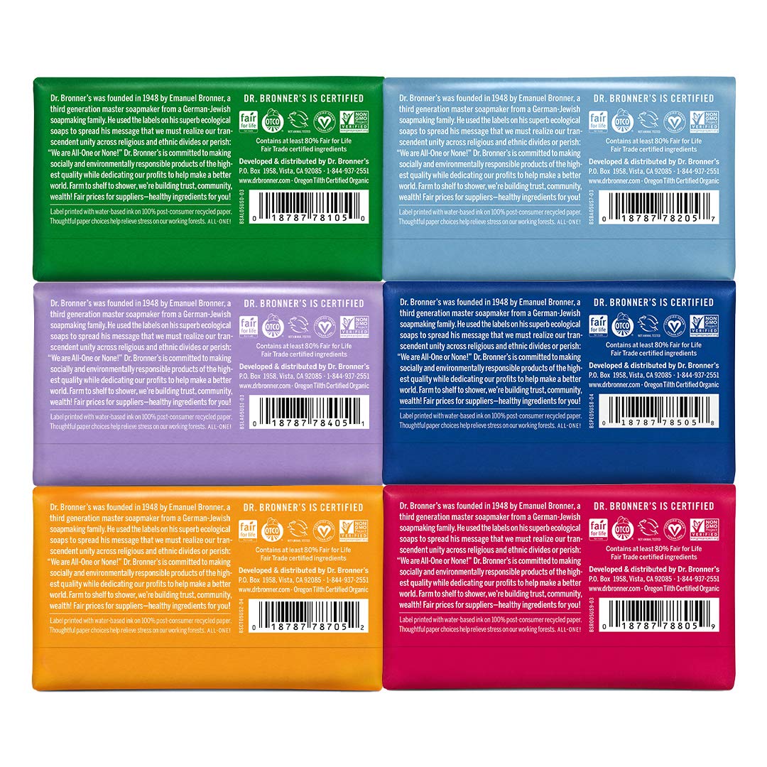 Dr. Bronner's | Jabón de Castilla Orgánico en Variedad de 6 Aromas Diferentes | Remuve Células Muertas | Fórmula Concentrada | 140 g c/u
