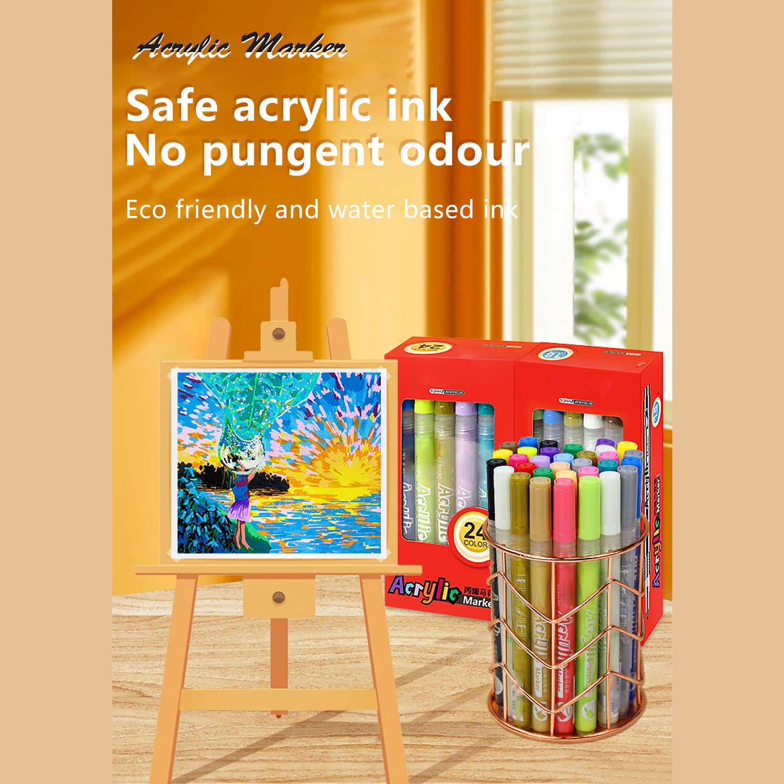 Marcadores de Pintura Acrílica, Tinta a Base de Agua, Multiusos, 24 Piezas, Marcadores Acrílicos para la Escuela