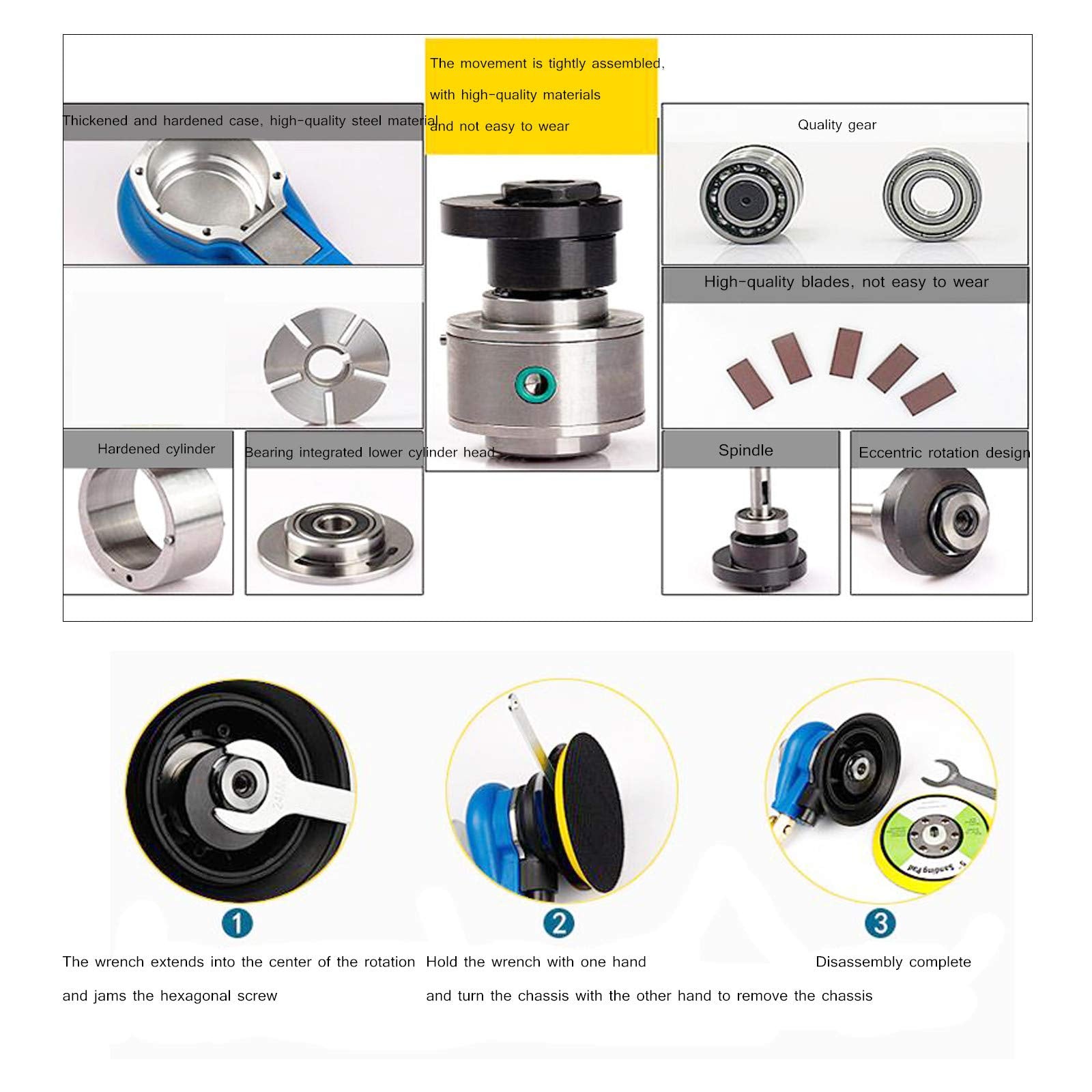 HUAXIU Lijadora orbital aleatoria de aire profesional, 5 pulgadas, azul, incluye 1 lijadora, 1 llave, 1 conector rápido