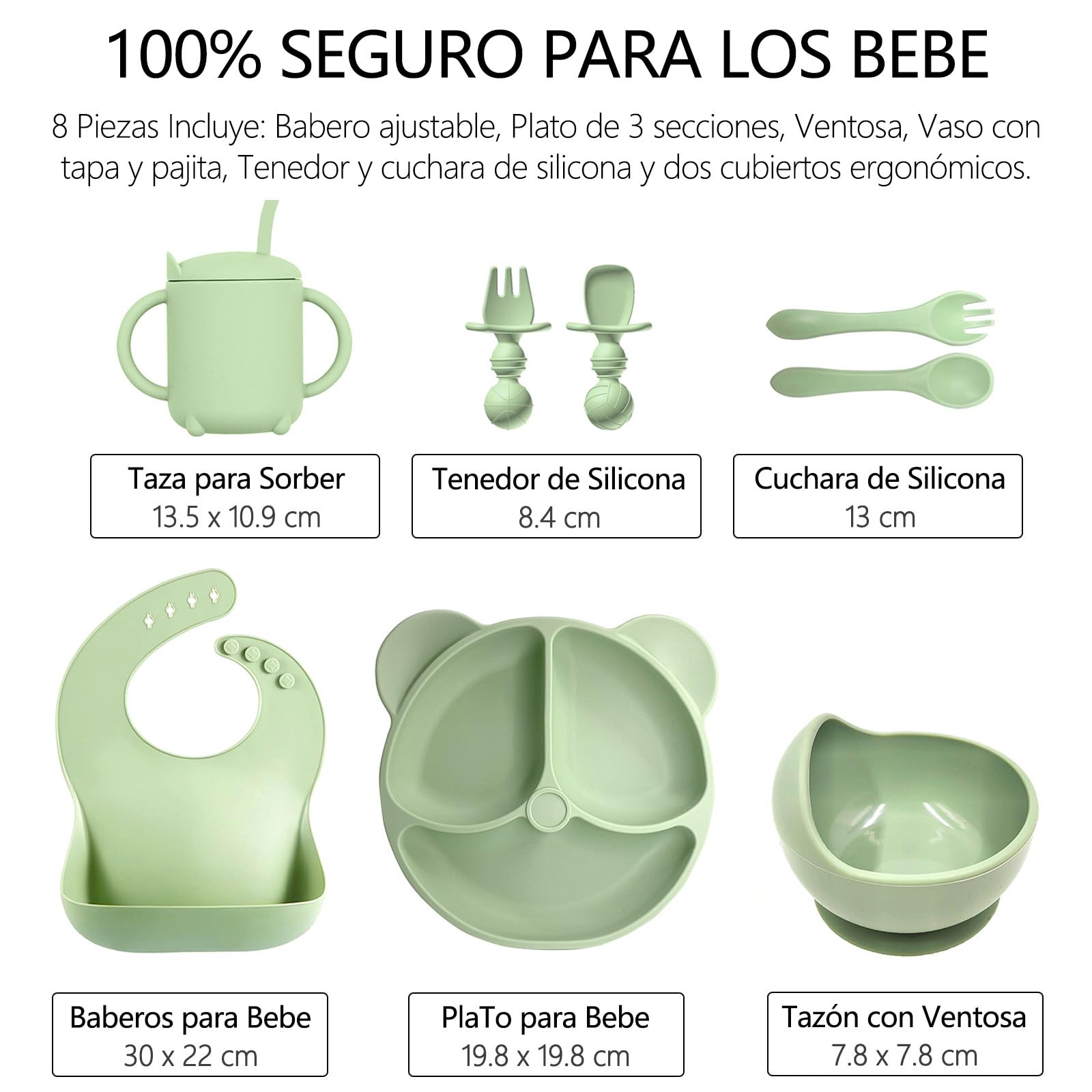 ALIYU Platos para Bebe Silicon 8PCS, Kit Alimentación Complementaria Bebe, Plato para bebe con ventosa, Baberos de silicona para bebe, Sin BPA, Fácil de limpiar, Vajilla bebe silicona (Verde)