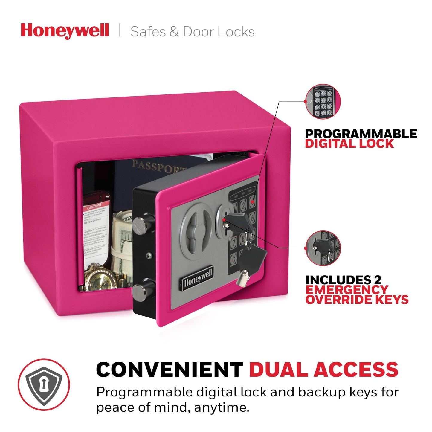 Honeywell - Caja de Seguridad de Acero de 0,17 pies cúbicos, 0.17 Cubic Feet, Rosado