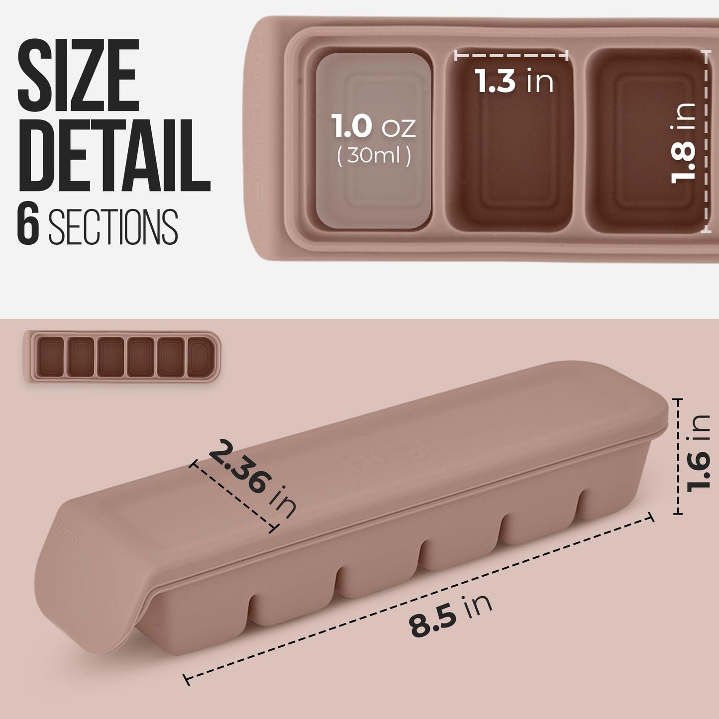 Firgi Bandeja de silicona para cubitos de hielo de 1 onza/6 secciones con tapa, 100% silicona de platino de grado alimenticio, resistencia a fugas y apta para lavaplatos para preparación de alimentos