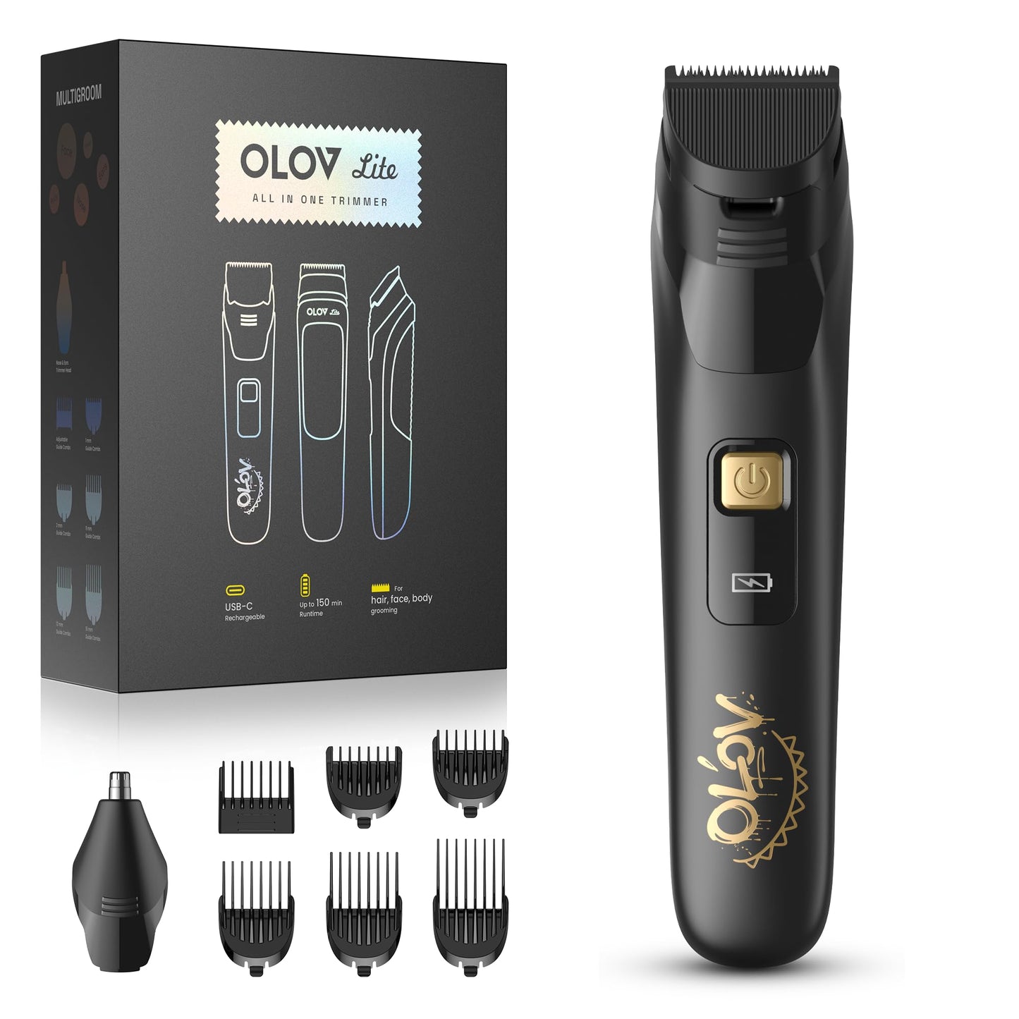 OLOV LITE - Cortadora de barba eléctrica para hombres, recortadora de pelo de nariz y maquinilla de afeitar eléctrica 10 en 1, kit de aseo inalámbrico listo para regalo para hombres (negro)