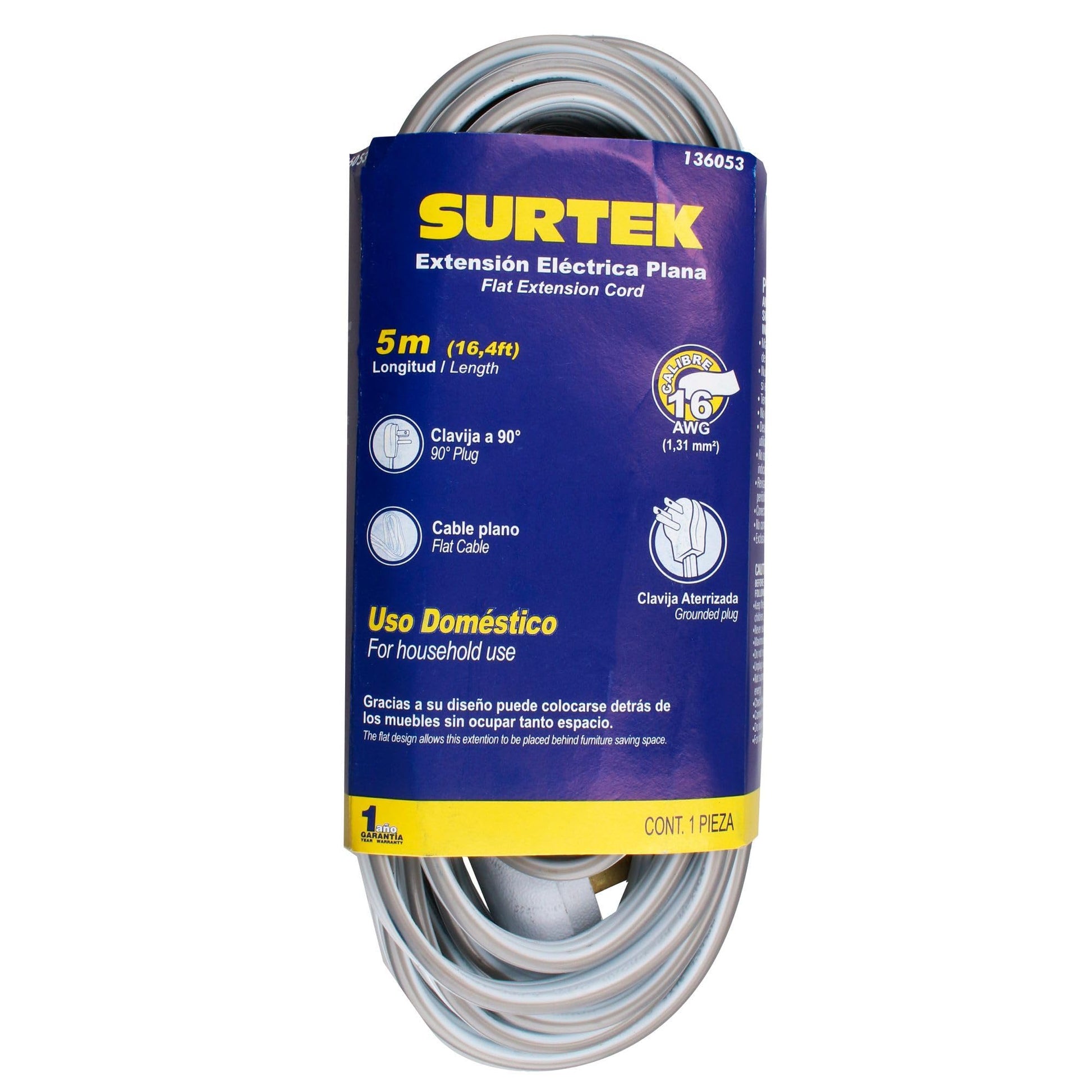 Surtek 136053 Extensión Eléctrica Plana Aterrizada, 5 m