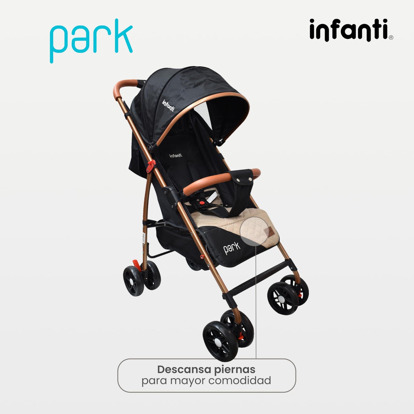 INFANTI | Carriola para Bebe PARK | Carreola con Portabebé - Carriola de Viaje - Carrito para Bebe | Cosas para Bebes 6 Meses hasta 15 kg - Compacta y Plegable | con Barra de Seguridad Desmontable (Negro y Beige)