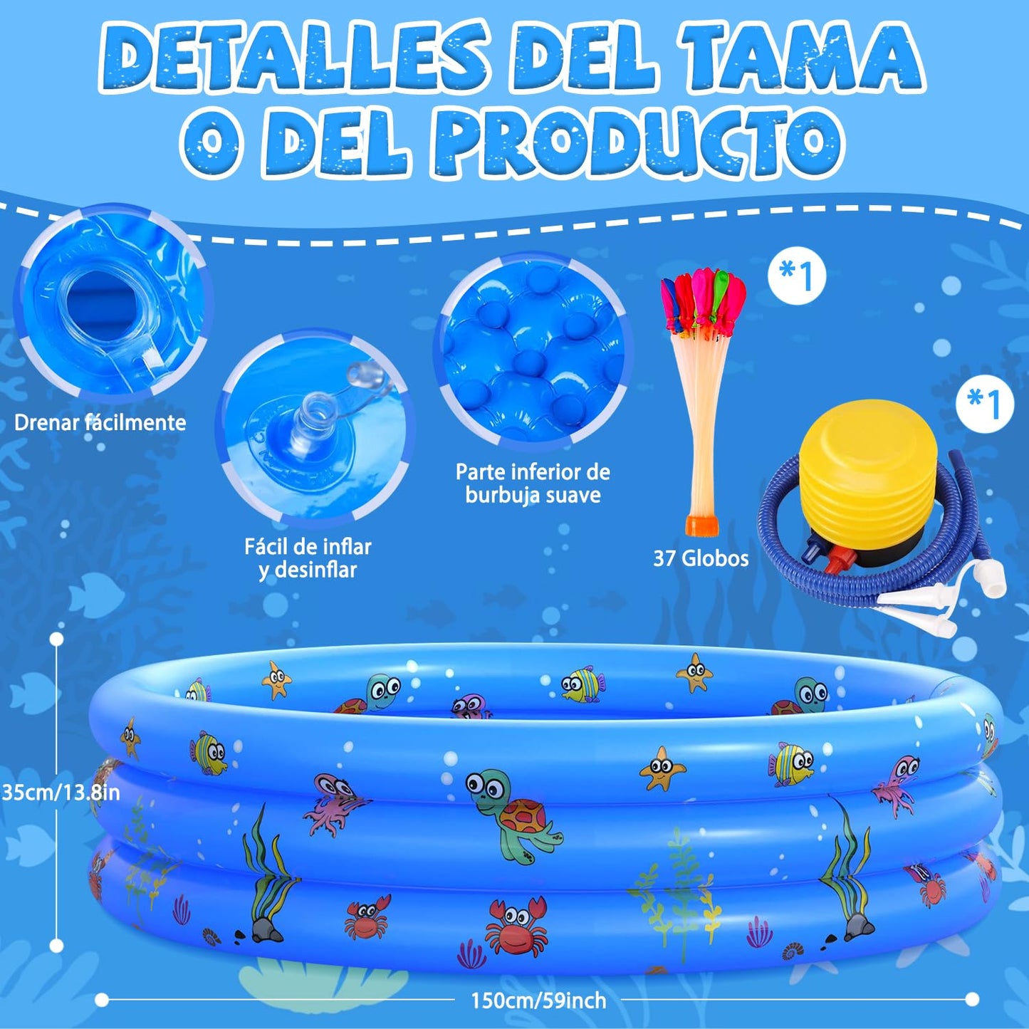 Alberca Inflable para Niños, 150x35cm Piscina Alberca Inflable Redonda, Mini Piscina Albercas 3 Niveles, Acuáticos Verano para Niños Niñas y Adultos al Aire Patio Trasero (Azul, Viene con Globo Agua)