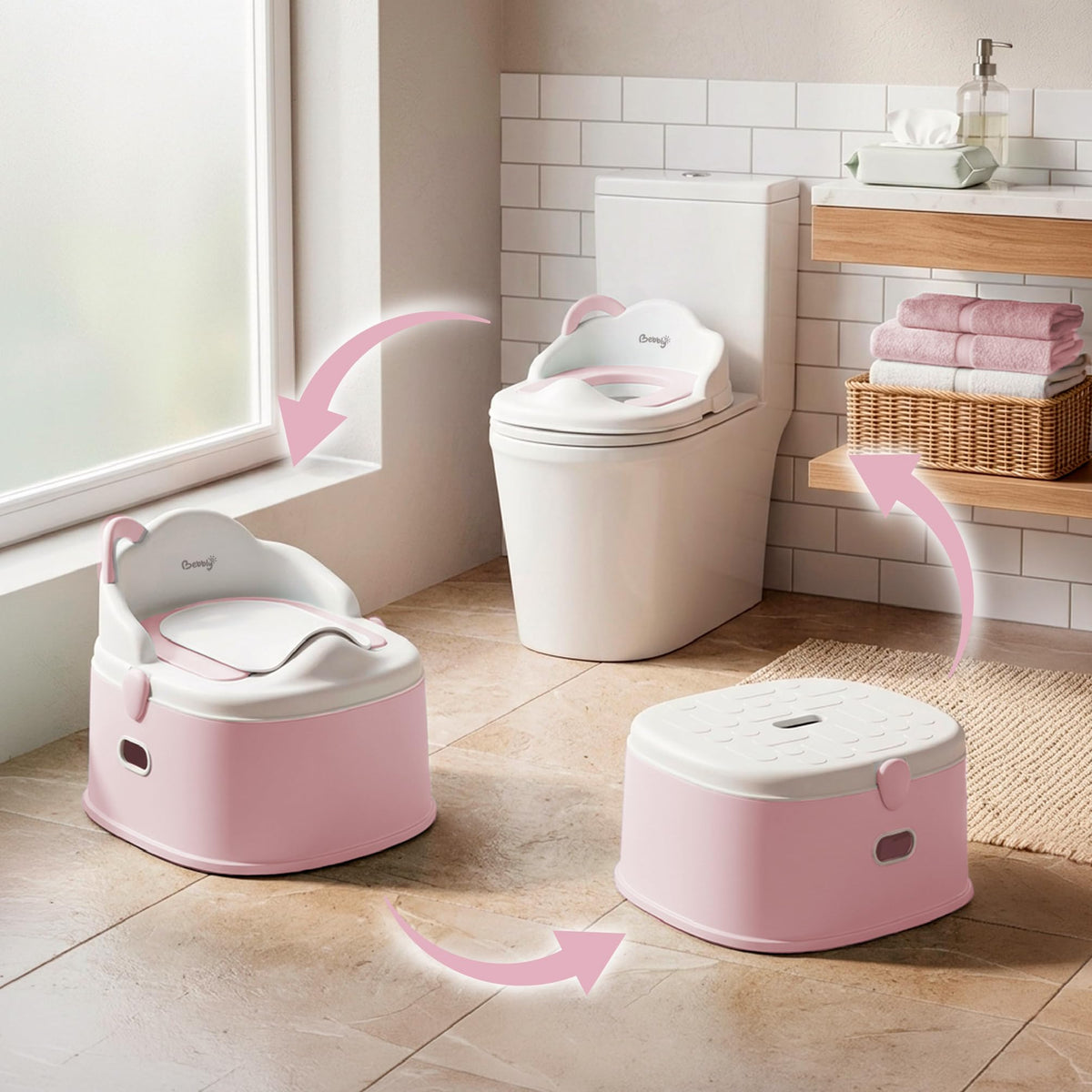 BEBBLY Bañito Entrenador Infantil 3 en 1, Bacinica, Asiento Reductor y Banco con Almacenamiento Antiderrapante para Niños de 6 Meses a 3 Años, Fácil de Limpiar, para Aprender a ir al Baño (Rosa)