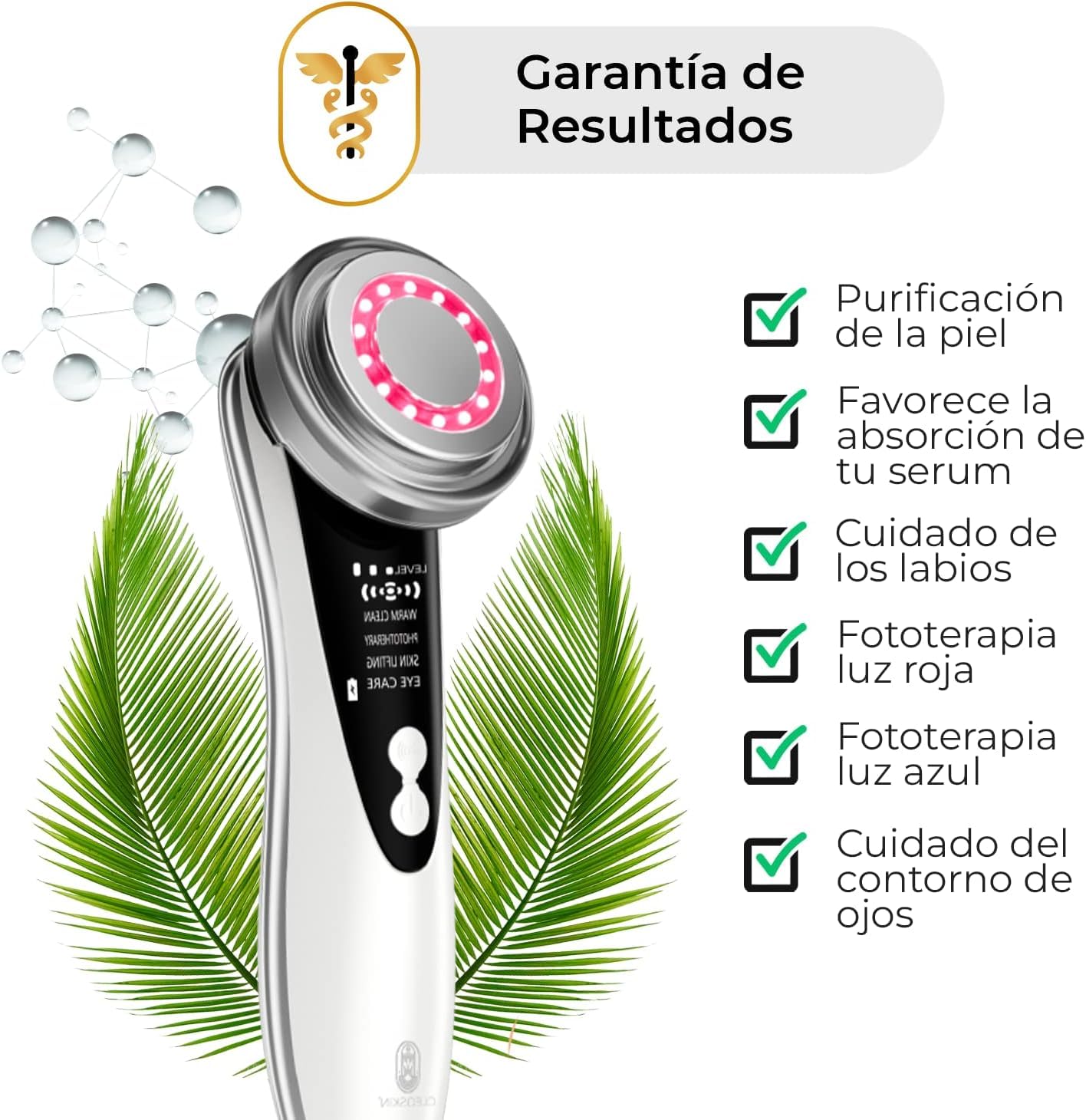 CLEOSKIN Masajeador Facial de Fototerapia Roja y Azul, warm clean, lifting facial y cuidado de ojos. Dispositivo de belleza antiarrugas