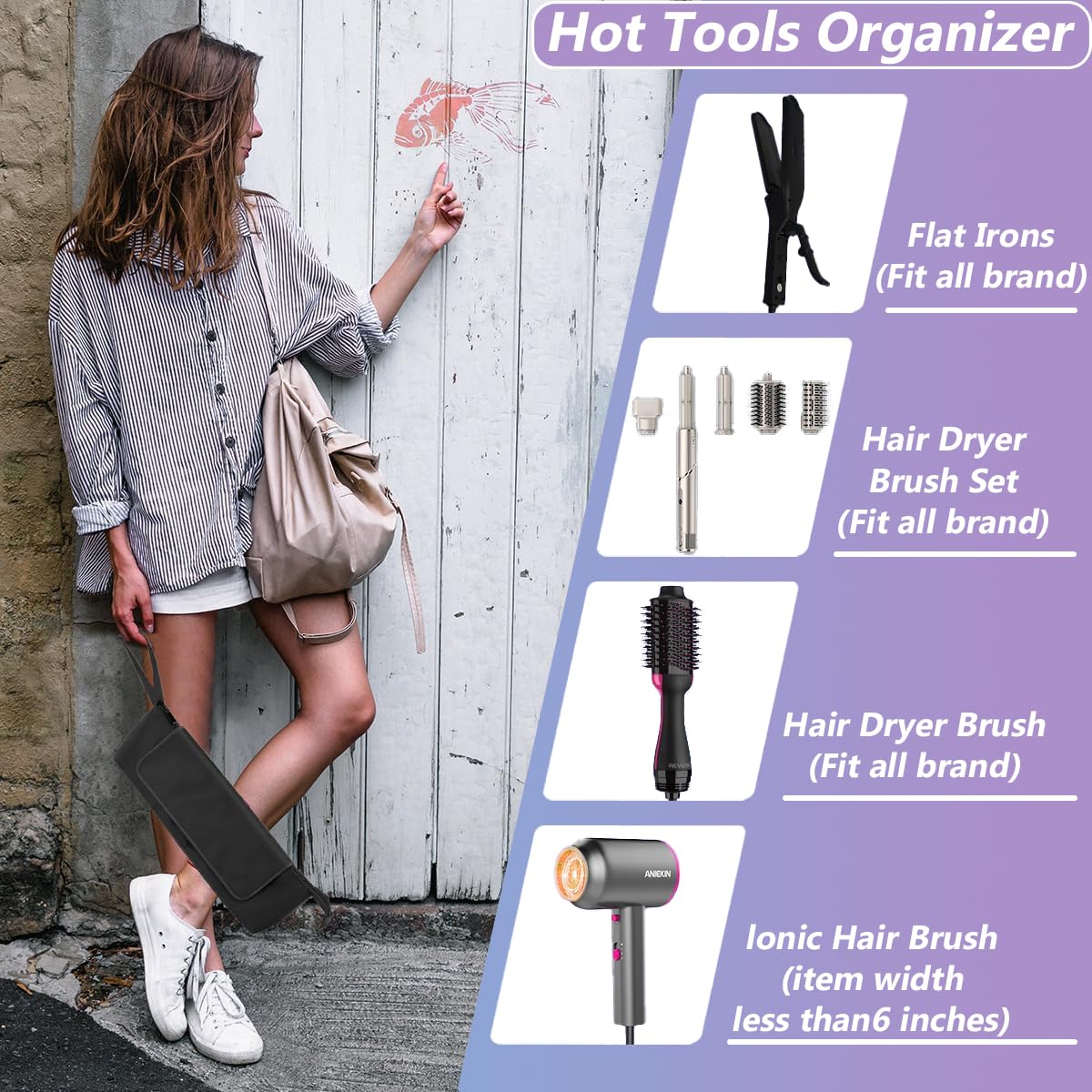 Hair Tools - Bolsa de viaje, funda de viaje de hierro plano 2 en 1 con almohadillas resistentes al calor, bolsos de viaje para peluquería resistente al calor para rizadores (Negro)