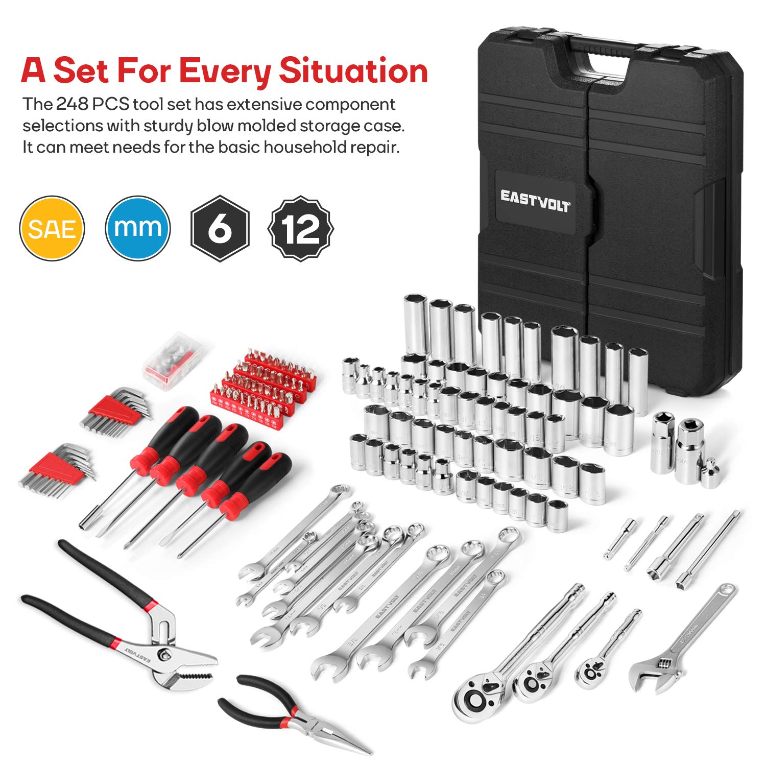 Eastvolt EVHT24801 - Juego de 248 piezas de herramientas de mecánica, sockets y llaves mixtas de uso general, juego de herramientas de reparación automática con estuche de almacenamiento