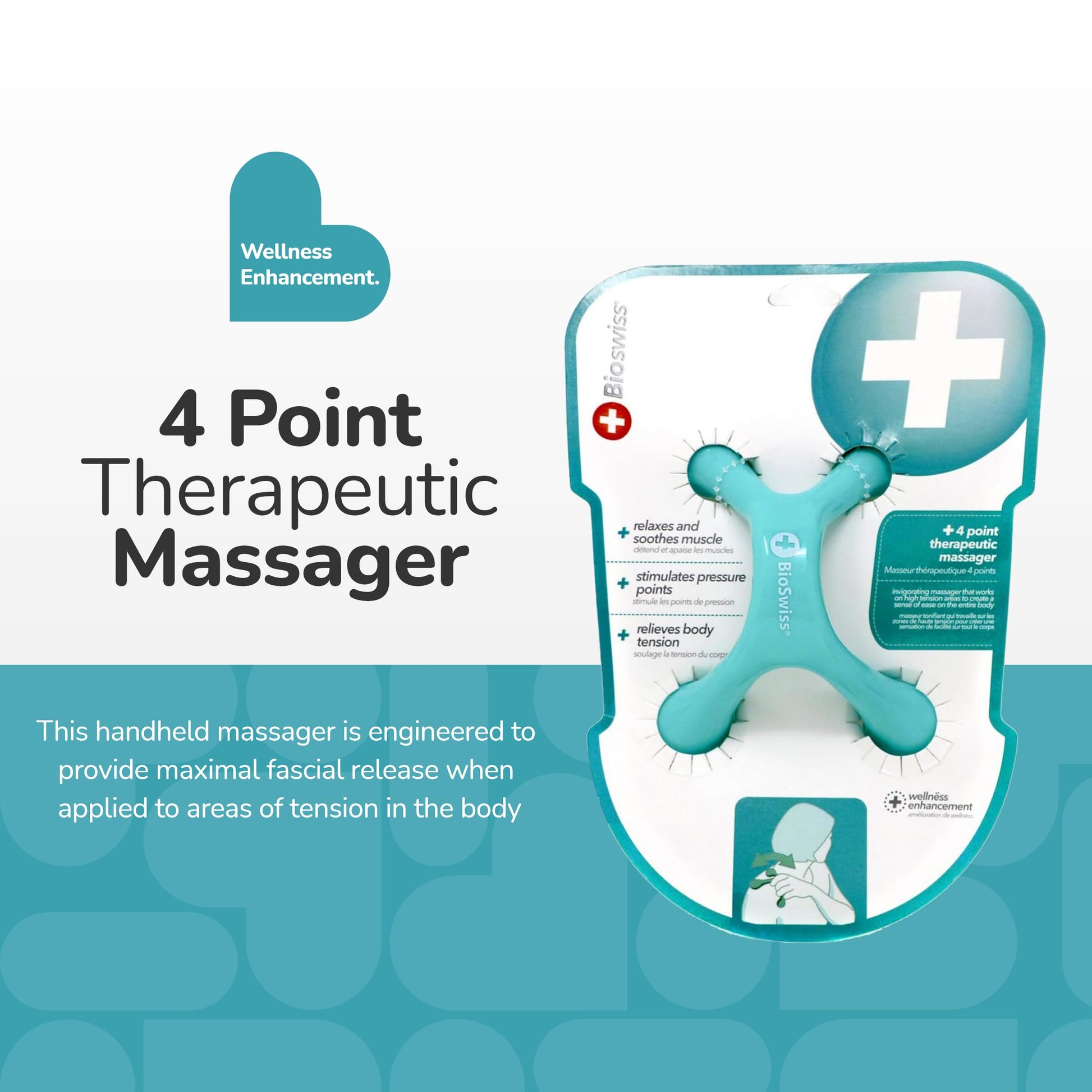 BioSwiss Masajeadores de mano de tejido profundo de espalda – Herramientas de masaje manual para cuello y espalda – Palma de mano cuerpo completo 4 patas Acupresión suave Herramientas de masaje de punto suave (paquete individual)