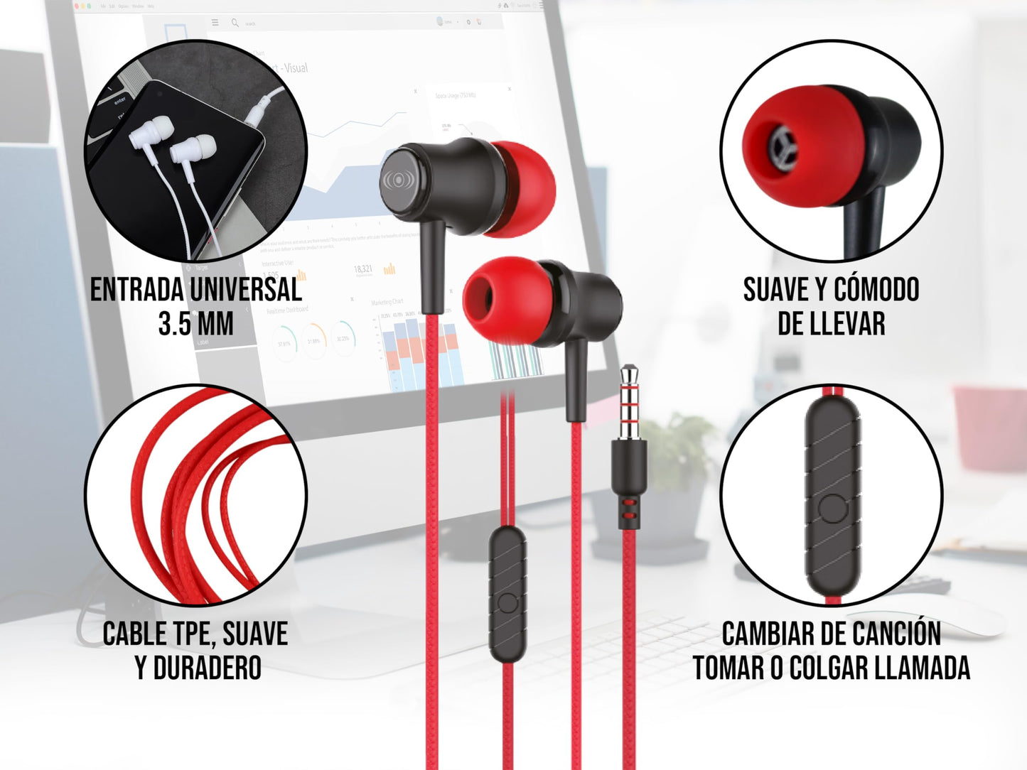 CONTROL EXPERT Audífonos Alámbricos Manos Libres 3.5mm Micrófono (Rojo)