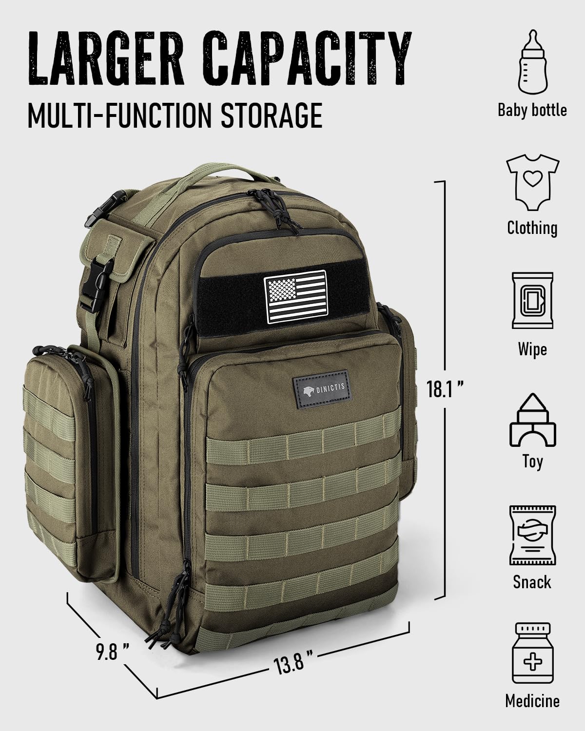 Dinictis Mochila Pañalera de 40L para Papá,Bolsas Tácticas de Viaje para Pañales para Hombres,Accesorios para Bebés para Papá - Verde Selva