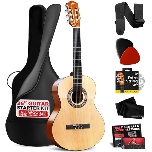Pyle Kit de Guitarra Acústica para Principiantes, Instrumento de Madera Completa Tamaño 3/4 para Niños, Adultos, 36", Acabado en Madera Natural Brillante