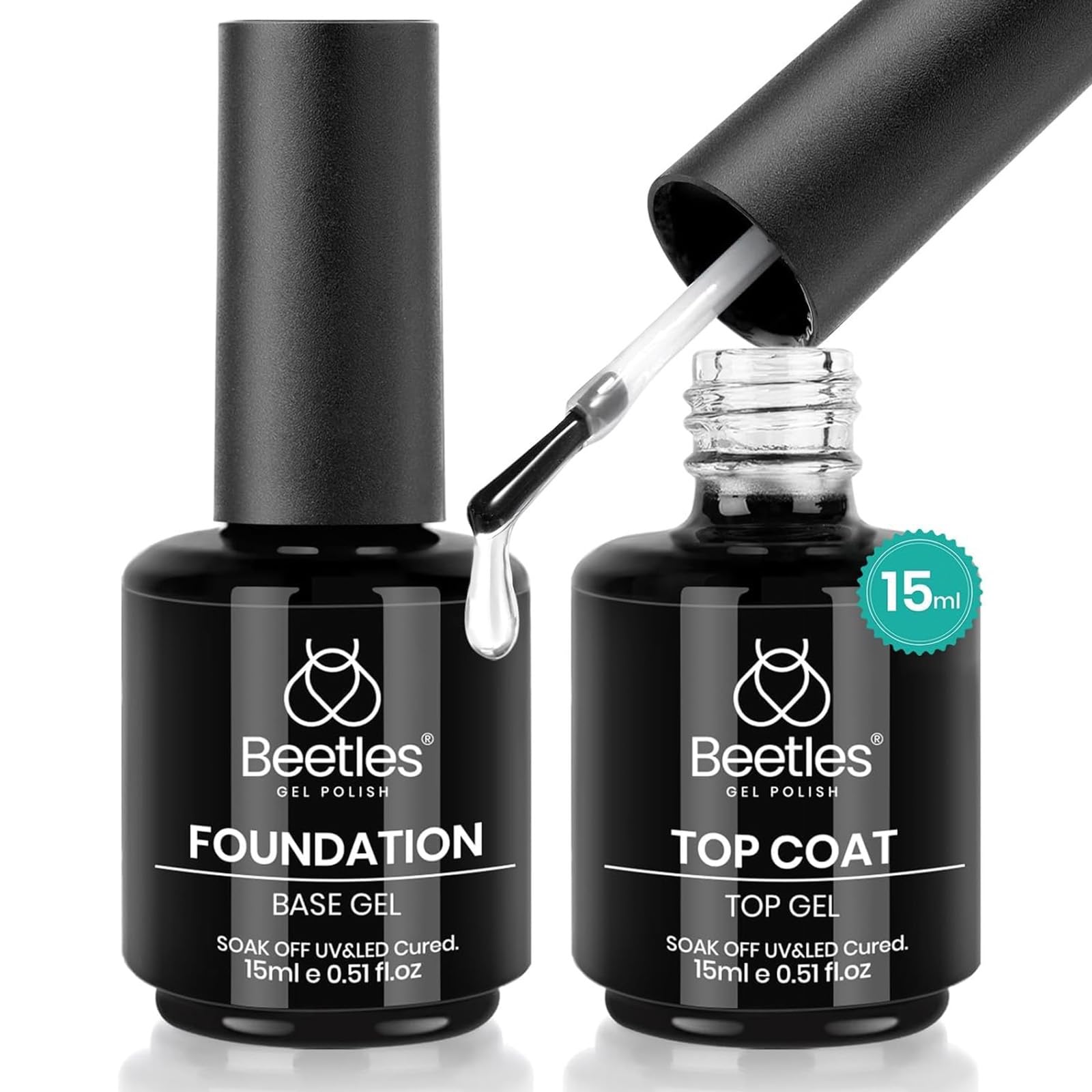 beetles Gel Polish 2 piezas 15ml No Wipe Gel Top Coat y Base Coat Set - Acabado Brillante y de Larga Duración, Lámpara LED Soak Off Capa Superior de Base de Gel Acabado Brillante