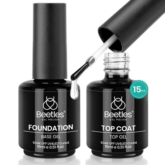 beetles Gel Polish 2 piezas 15ml No Wipe Gel Top Coat y Base Coat Set - Acabado Brillante y de Larga Duración, Lámpara LED Soak Off Capa Superior de Base de Gel Acabado Brillante