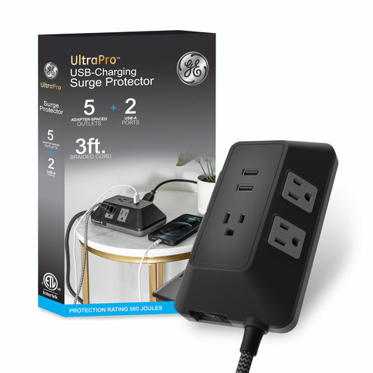 GE UltraPro Adapt Protector de sobretensiones de 5 Salidas con Puertos USB, 2 Puertos USB-A, 2.4A, Cable Trenzado de 3 pies, Protector de sobretensiones de 1780 Julios, Negro, 73777