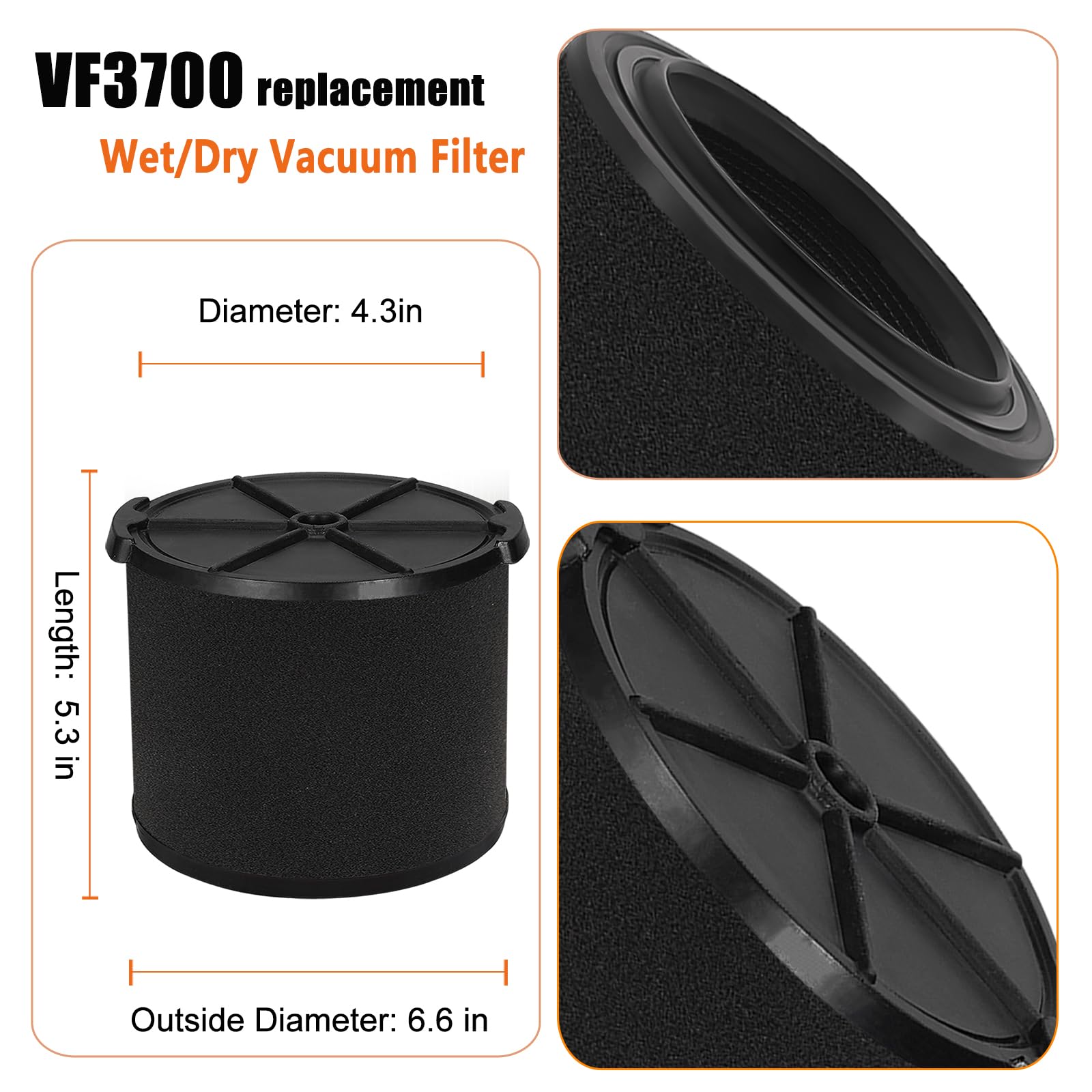 LVJUSEN VF3700 / WS14045F - Filtro de repuesto para Ridgid/Taller de aplicación húmeda al aspiradora, filtros de espuma de 3/4/4.5 galones rígidos y secos en húmedo, filtro de recogida en húmedo