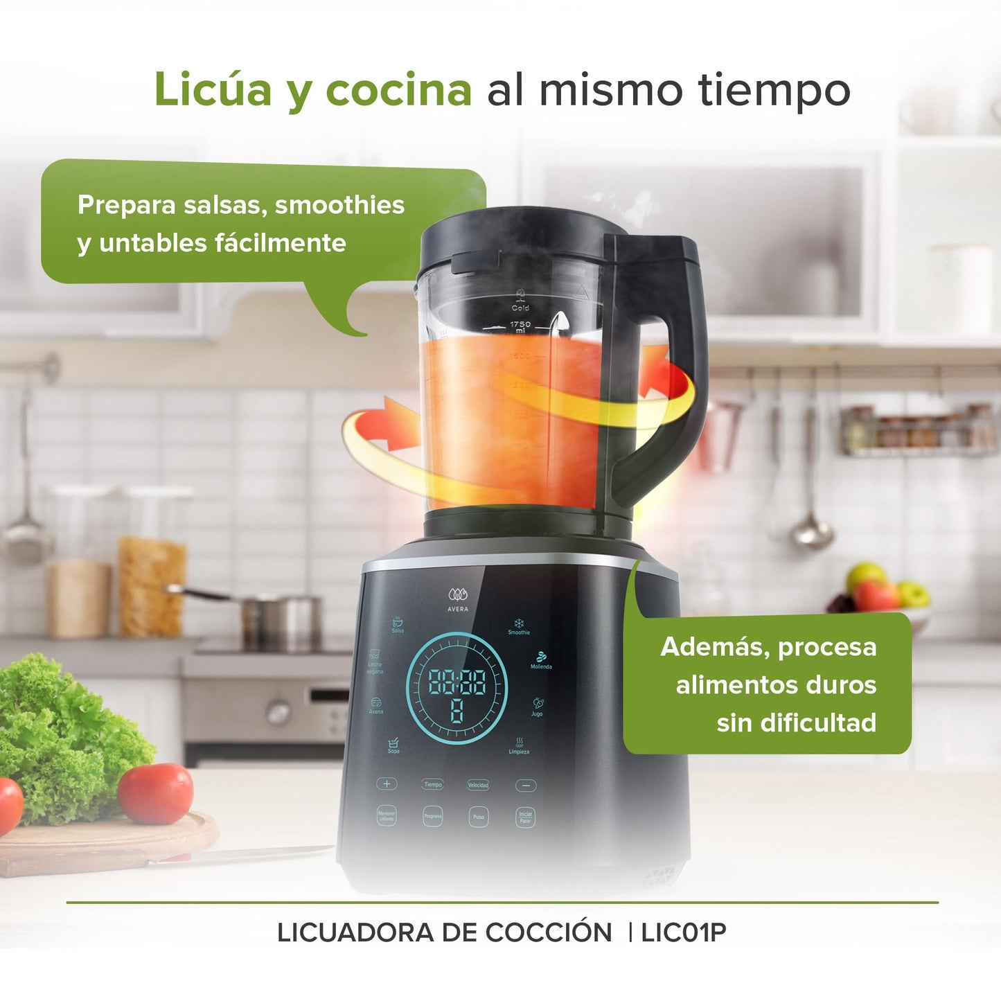 AVERA Licuadora profesional digital 4 en 1 con vaso de vidrio borosilicato de 1.7 L Resistente a 450°C, 1200 W, 10 Velocidades y 12 Funciones | LIC01P