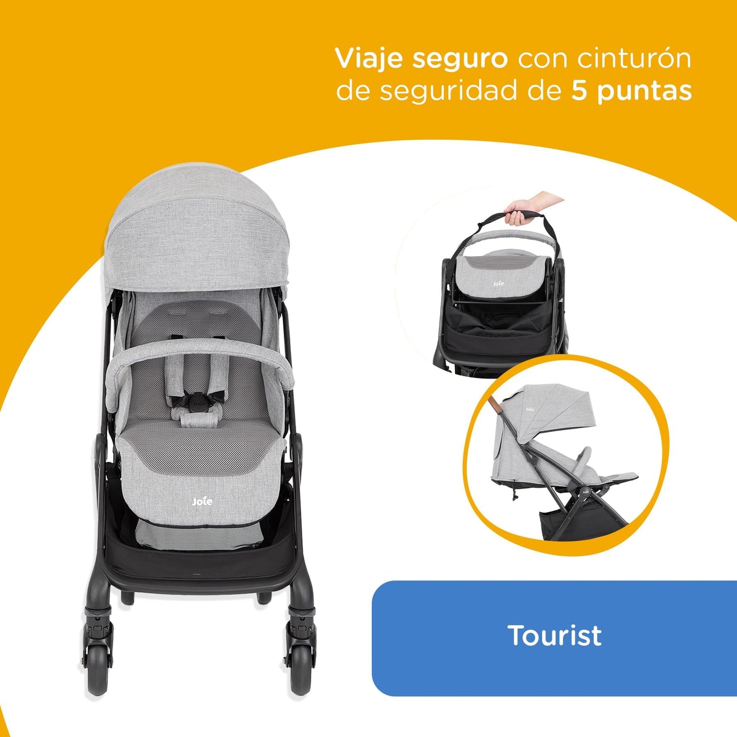 Joie Carriola para Bebe Tourist con Silla Ergonomica, Carriola Moderna para Bebes, Carreola Portabebe de Viaje Plegable y Convertible 2 Posiciones, Carreola con Frenos y Manija Ajustable