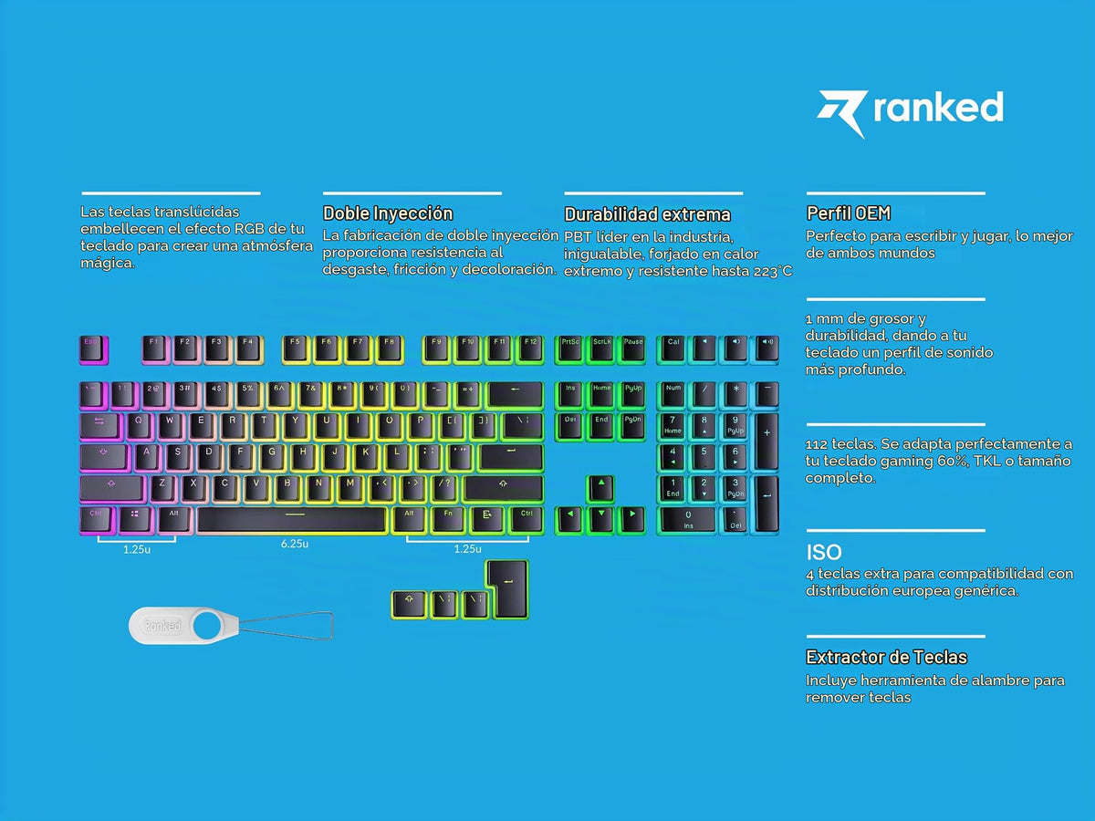 Teclas PBT Ranked Negro Diseño Translúcido para Teclado Mecánico RGB Juegos Perfil OEM 112 ANSI e ISO