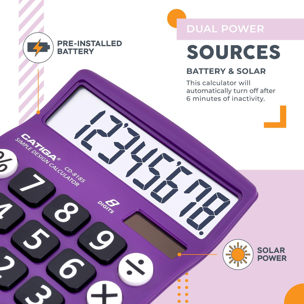 Calculadora CD-8185 Violeta Pantalla LCD Grande y Energía Dual para Oficina, Hogar y Escuela