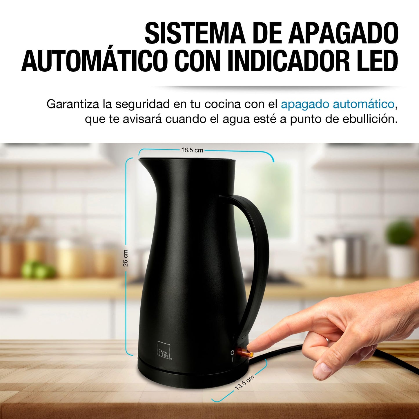 CASA LITUS Tetera Eléctrica Interior de Acero Inoxidable (1 L.), Jarra para Hervir Agua de Diseño Innovador, Hierve Agua en Menos de 5 Minutos, Sistema de Apagado Automático y Luz LED, para Café o Té