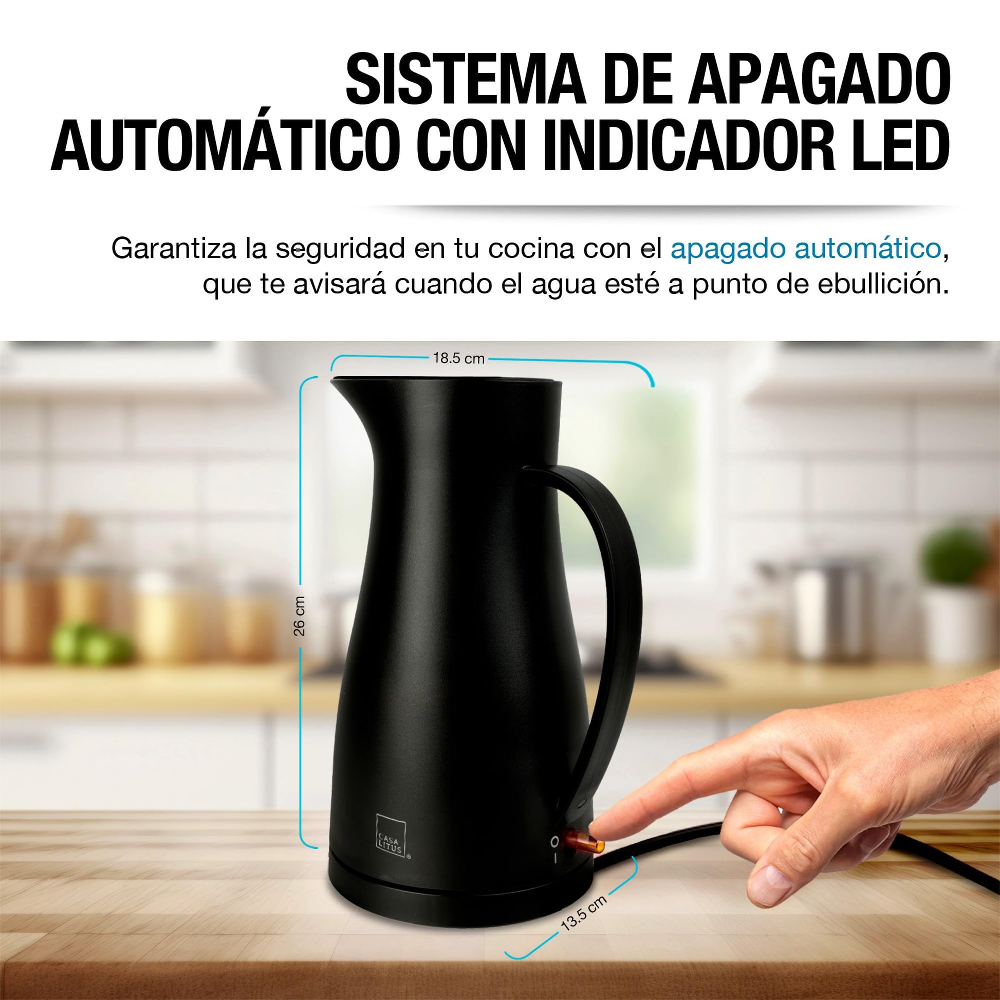 CASA LITUS Tetera Eléctrica Interior de Acero Inoxidable (1 L.), Jarra para Hervir Agua de Diseño Innovador, Hierve Agua en Menos de 5 Minutos, Sistema de Apagado Automático y Luz LED, para Café o Té