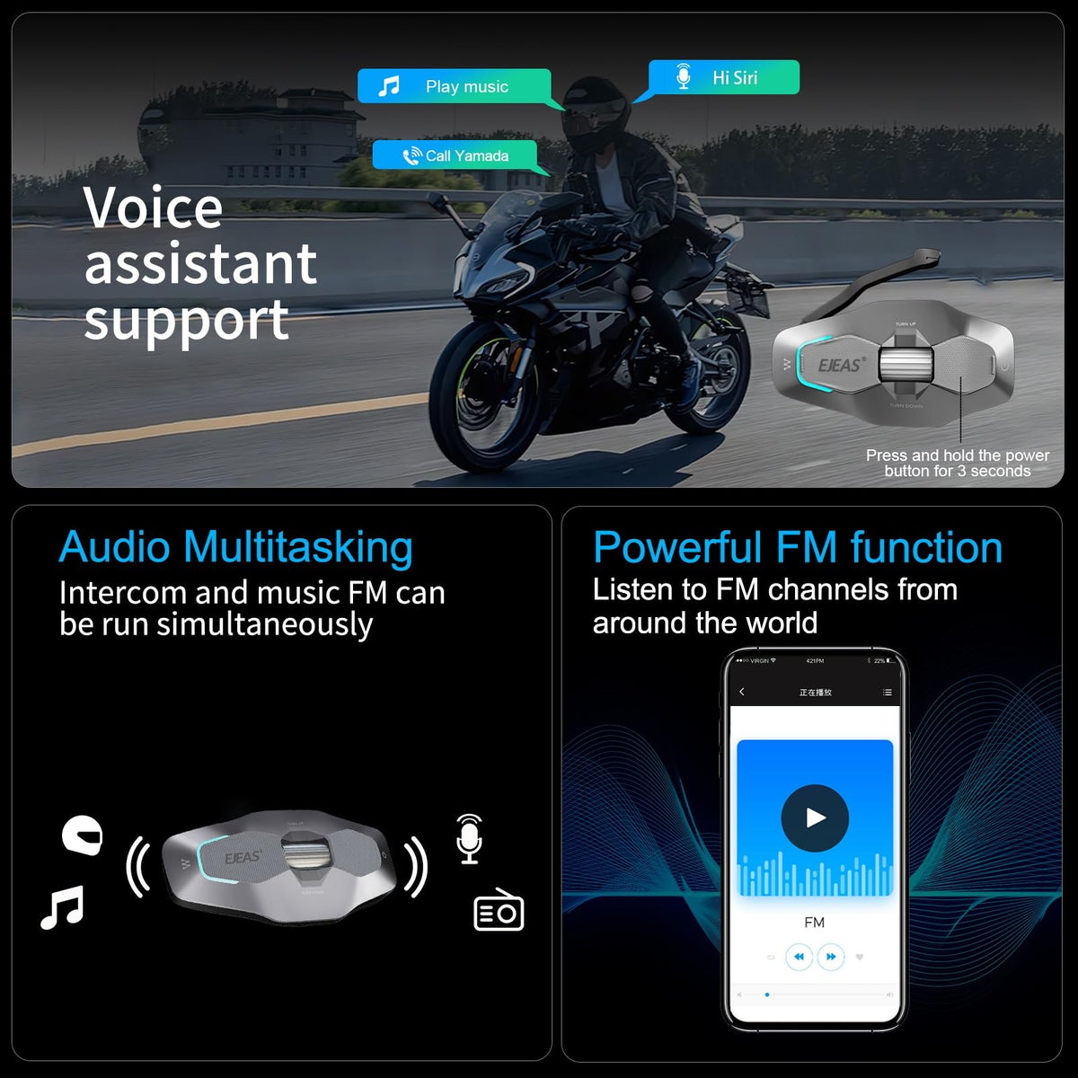 Auriculares de Casco SolaMr X10 Negro con Bluetooth 5.1 y Cancelación de Ruido para Motociclistas