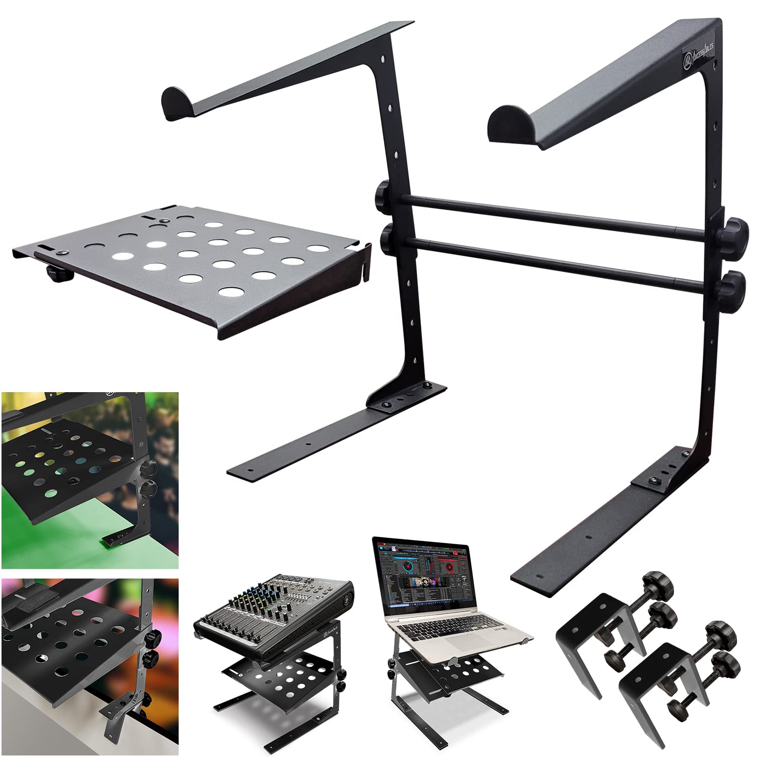 AxcessAbles - Soporte de DJ ajustable de dos niveles con abrazaderas | para controladores de DJ, mezcladores de música, portátiles de hasta 20 libras. | Soporte de driver de DJ compatible con