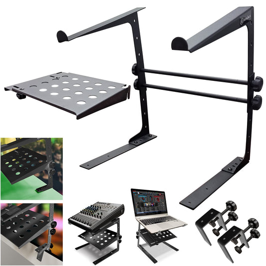 AxcessAbles - Soporte de DJ ajustable de dos niveles con abrazaderas | para controladores de DJ, mezcladores de música, portátiles de hasta 20 libras. | Soporte de driver de DJ compatible con
